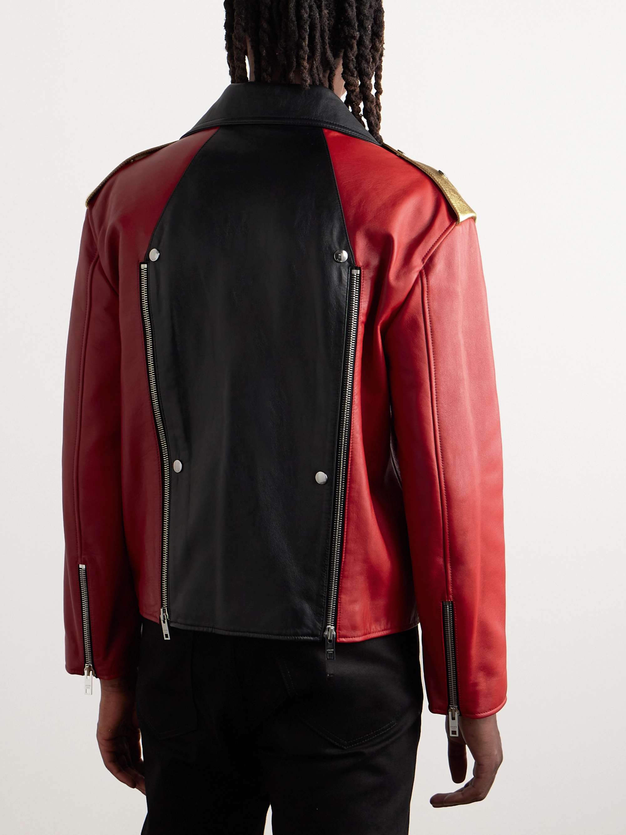 Color-Block Studded Leather Biker Jacket view