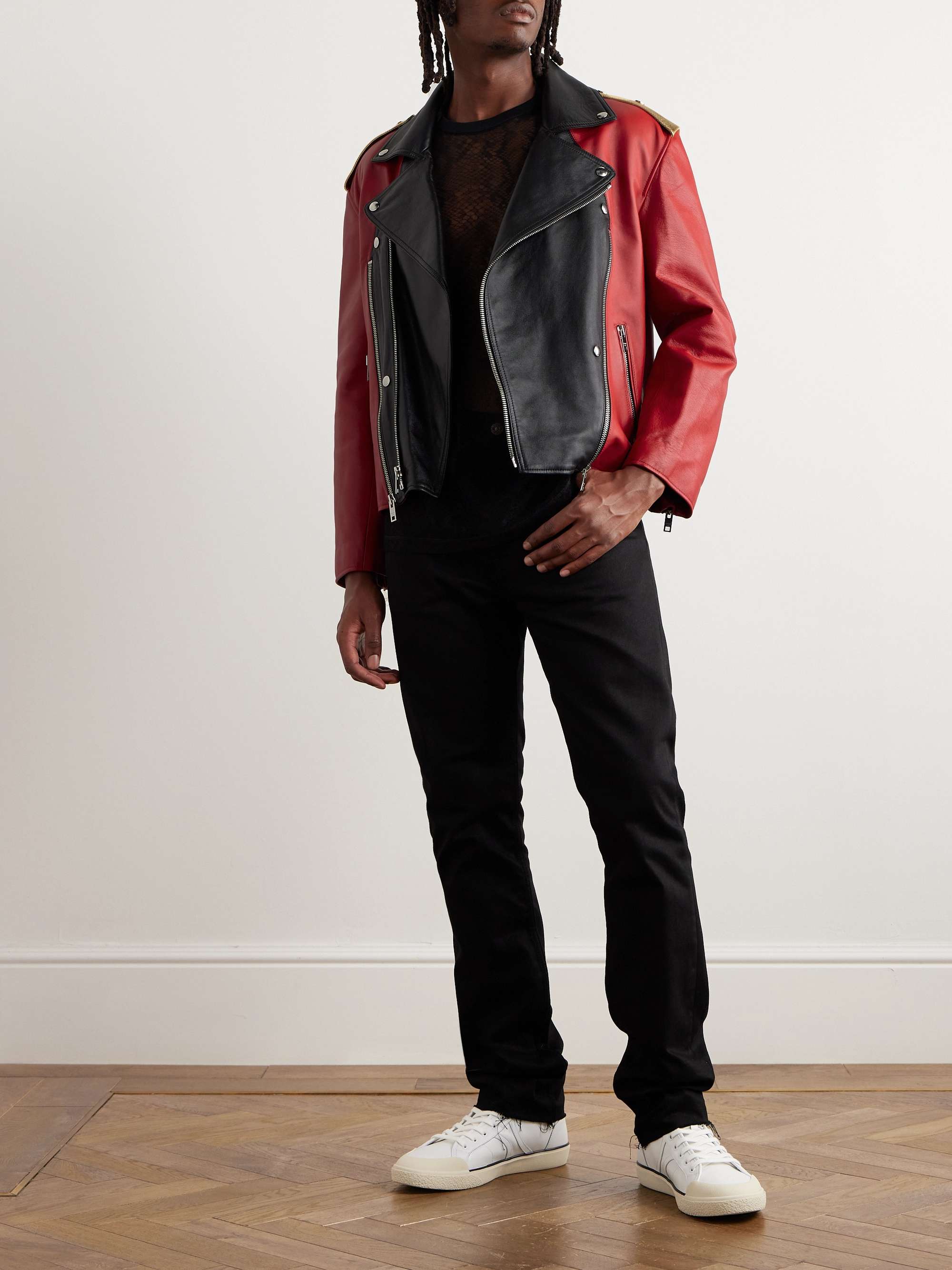 Color-Block Studded Leather Biker Jacket view