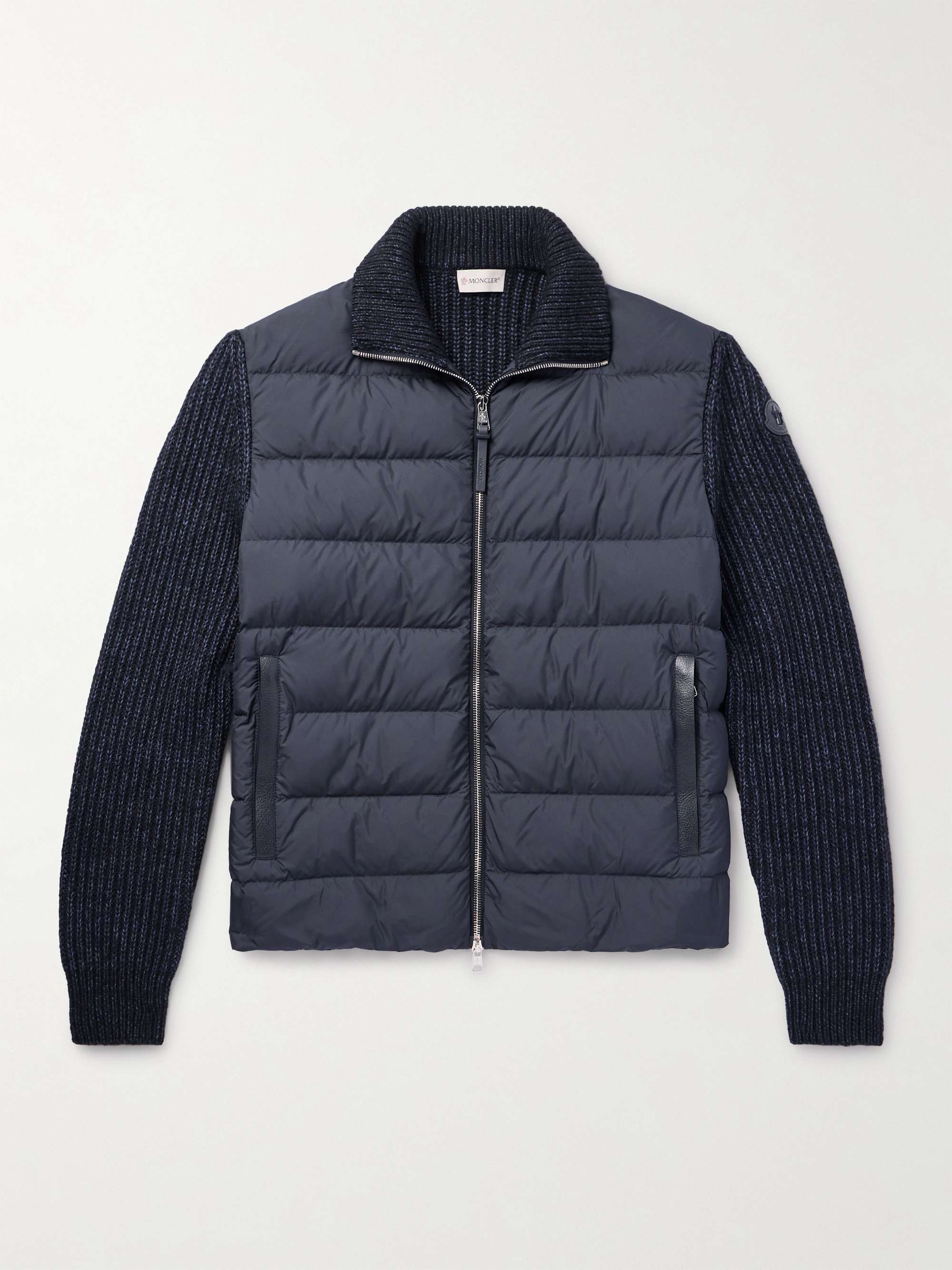Leather-Trimmed Quilted Shell and Ribbed Cotton and Wool-Blend Down Jacket view