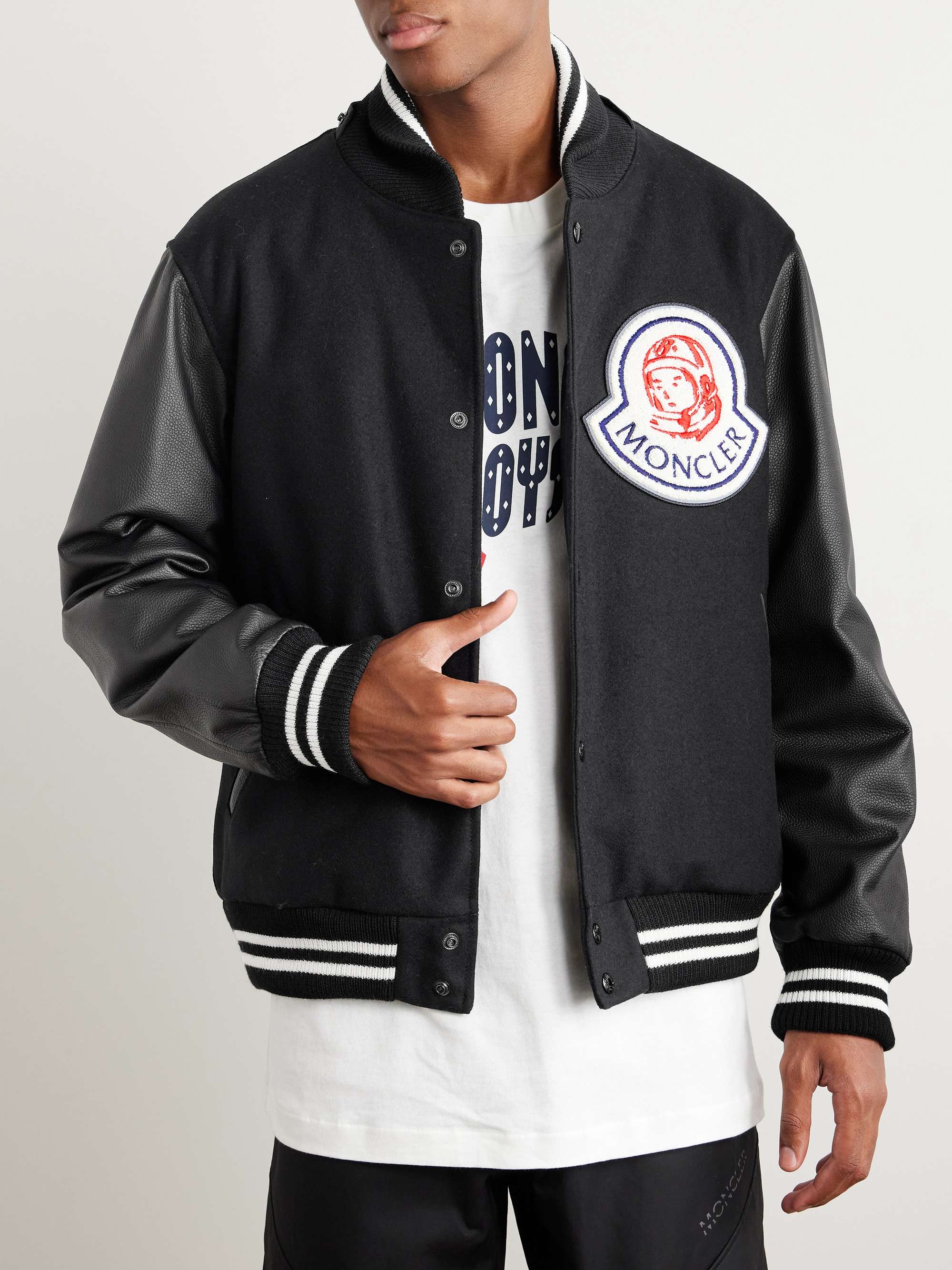 + Billionare Boys Club Leather-Trimmed Logo-Appliquéd Embroidered Wool-Blend Hooded Bomber Jacket view
