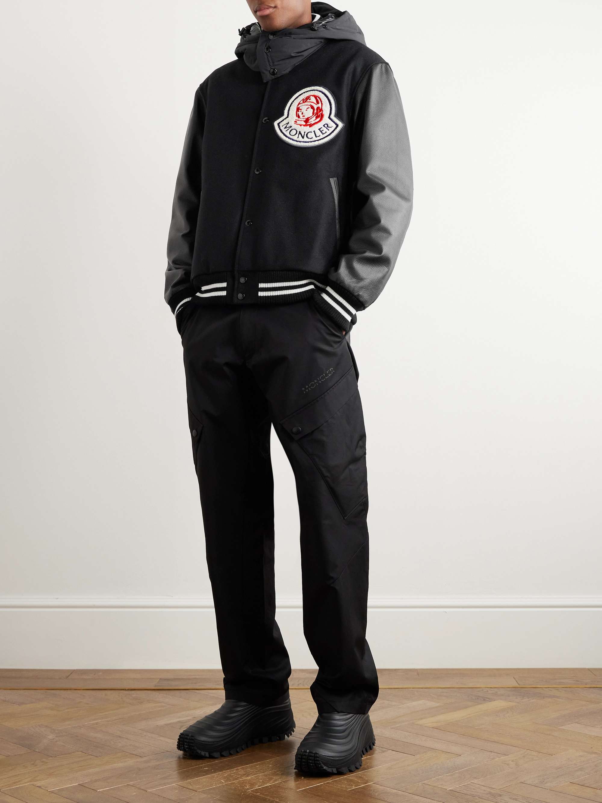 + Billionare Boys Club Leather-Trimmed Logo-Appliquéd Embroidered Wool-Blend Hooded Bomber Jacket view