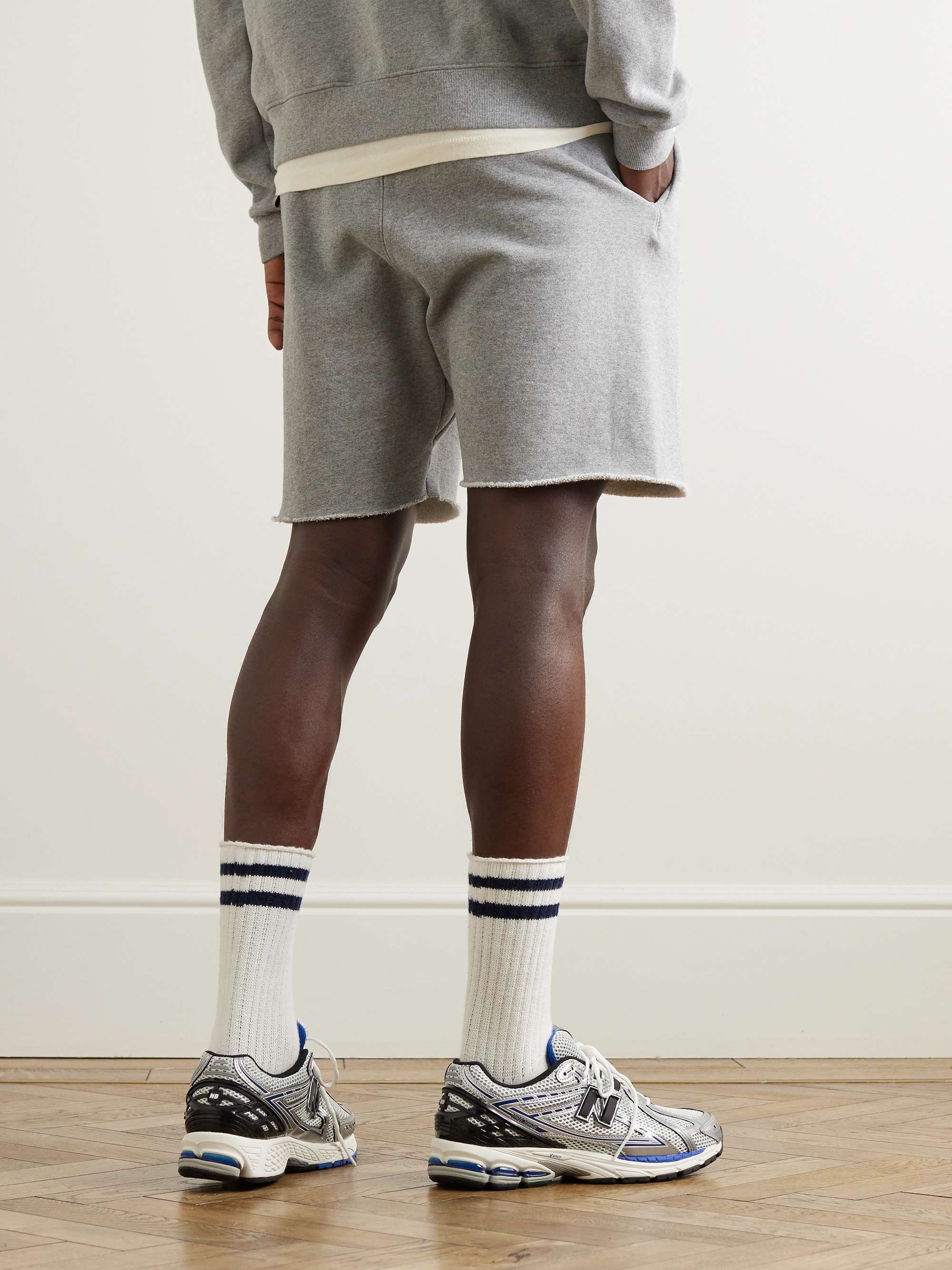 Straight-Leg Logo-Print Frayed Cotton-Jersey Drawstring Shorts view