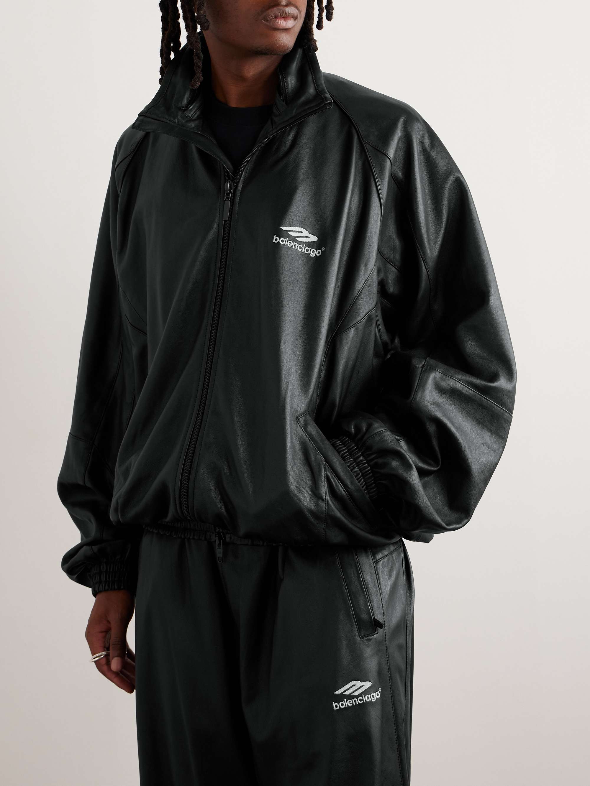 Logo-Print Leather Hooded Jacket view