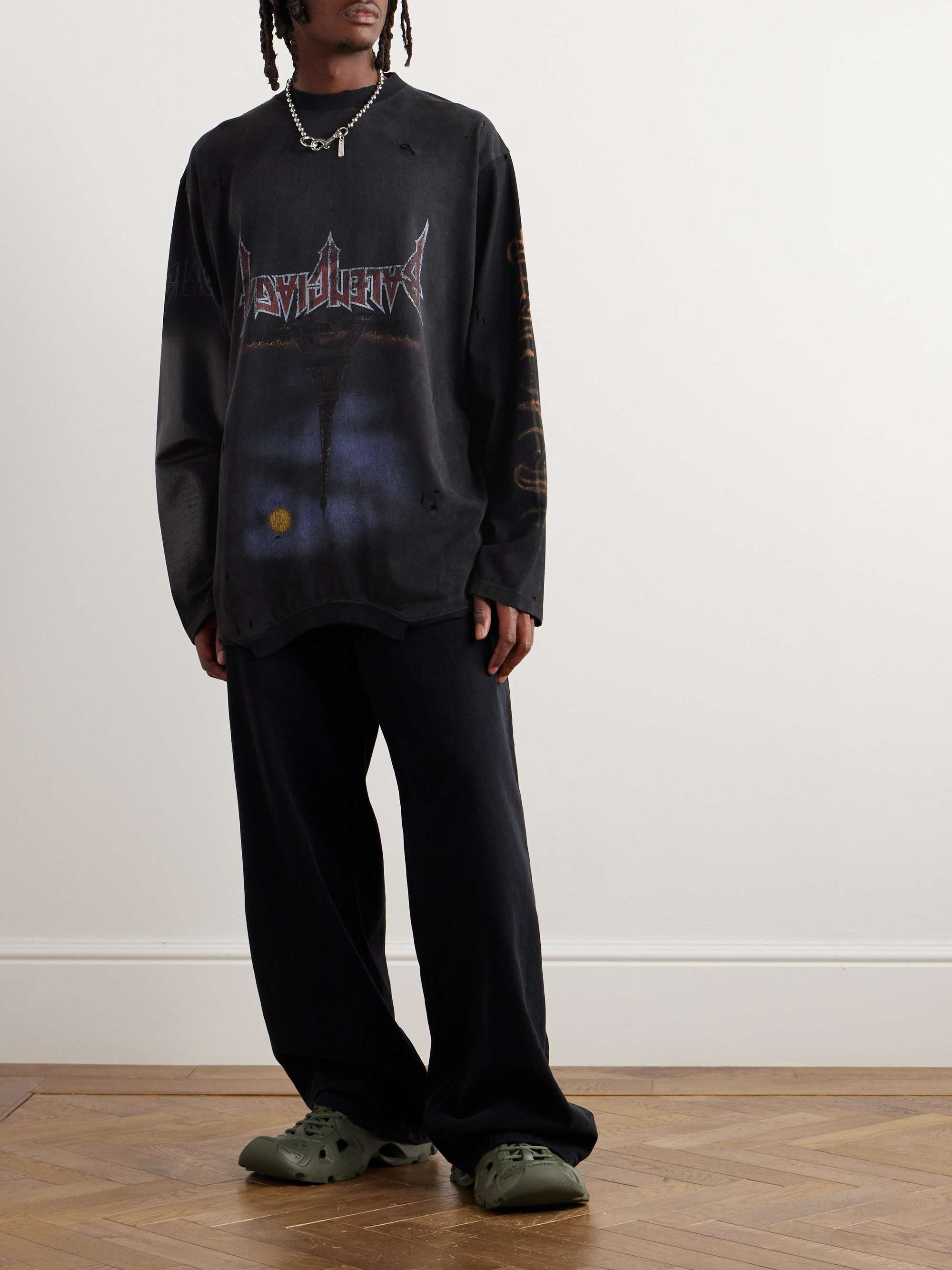 Oversized Distressed Logo-Print Stretch-Cotton Jersey T-Shirt view
