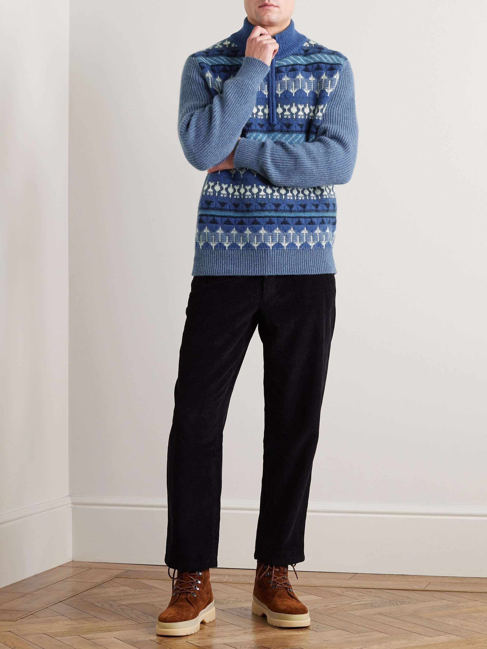 Fair Isle Ribbed-Knit Cashmere Half-Zip Sweater view