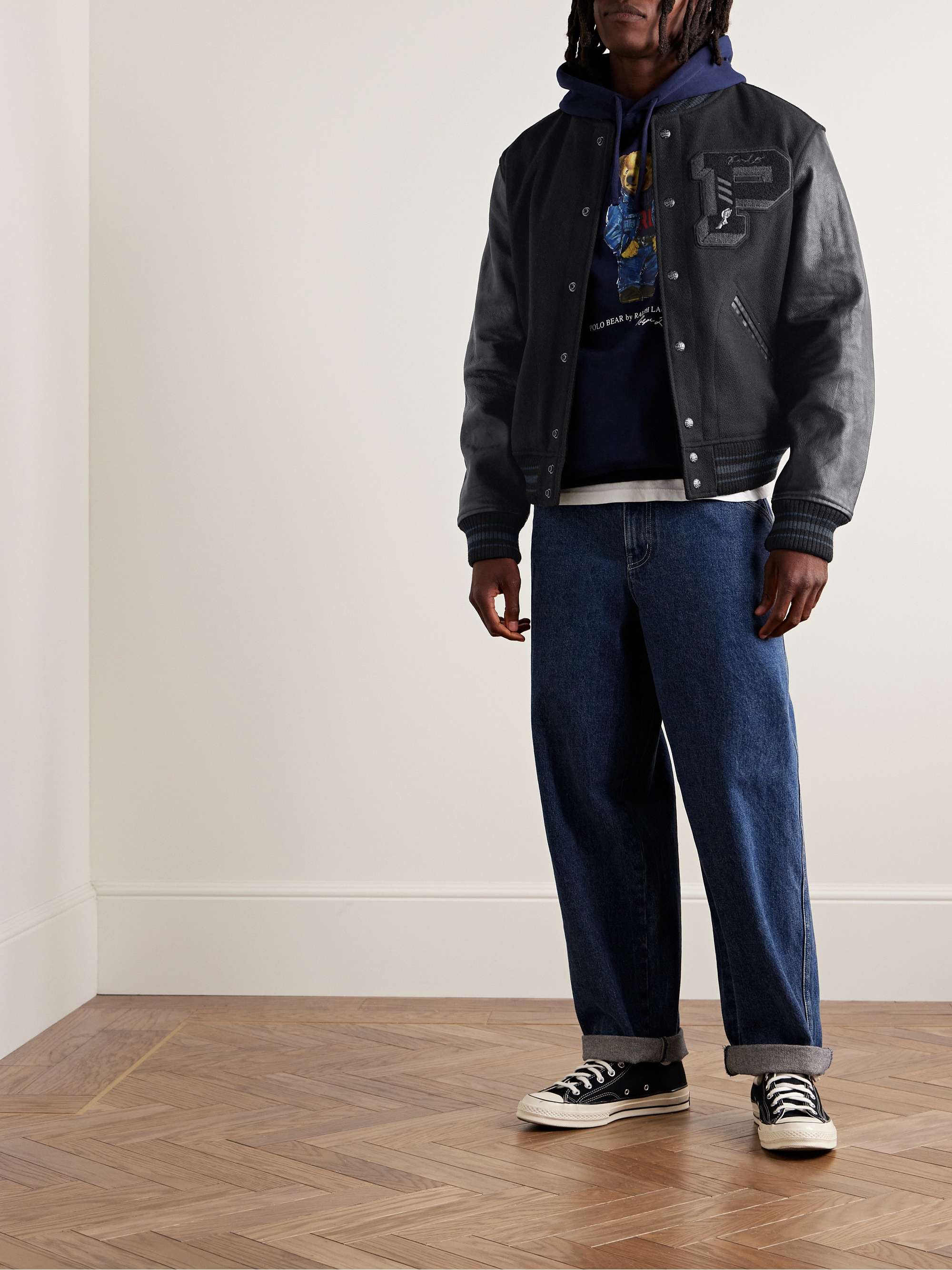 Logo-Appliquéd Embroidered Leather and Wool-Blend Varsity Jacket view