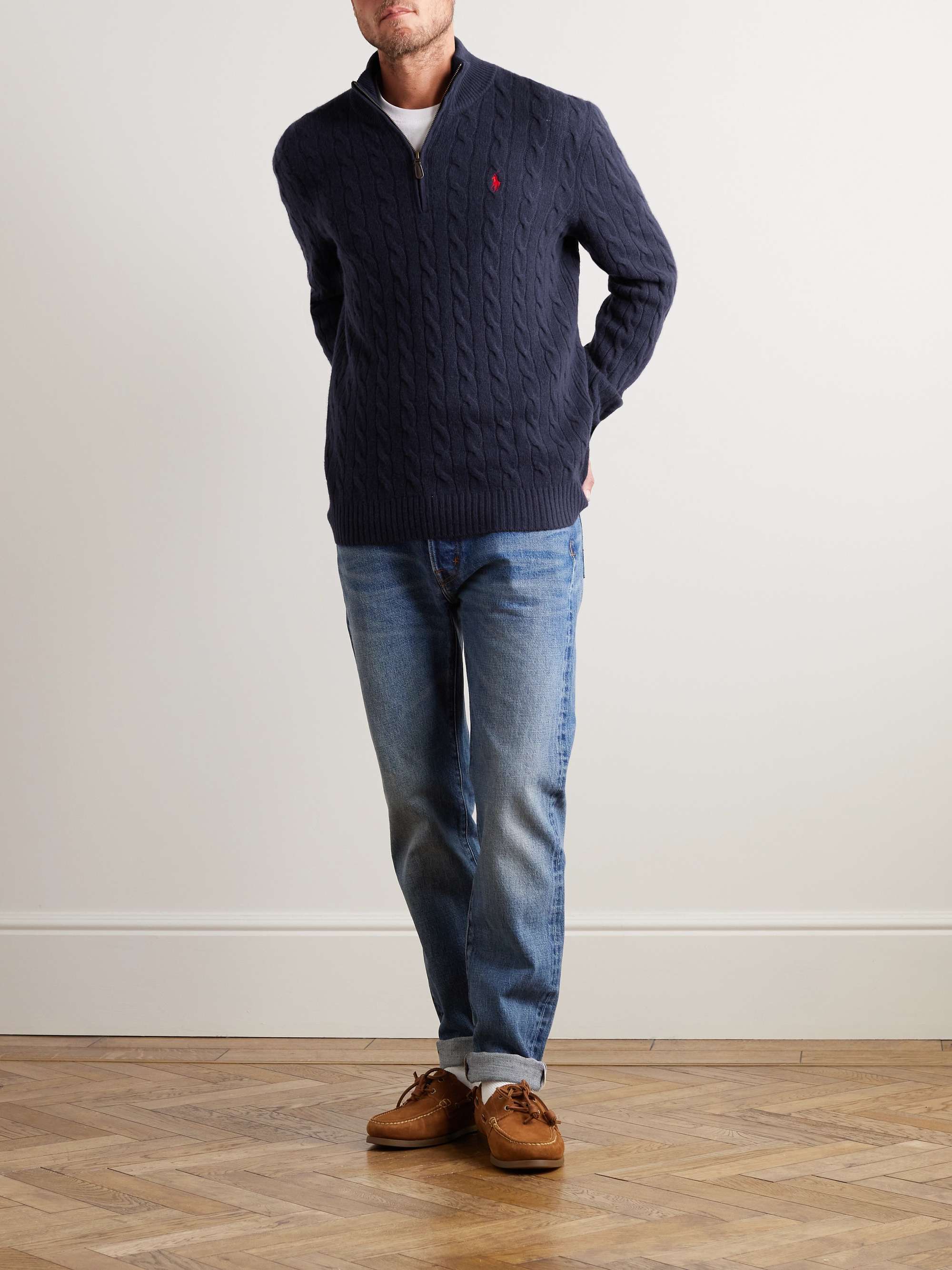 Logo-Embroidered Cable-Knit Wool and Cashmere-Blend Half-Zip Sweater view