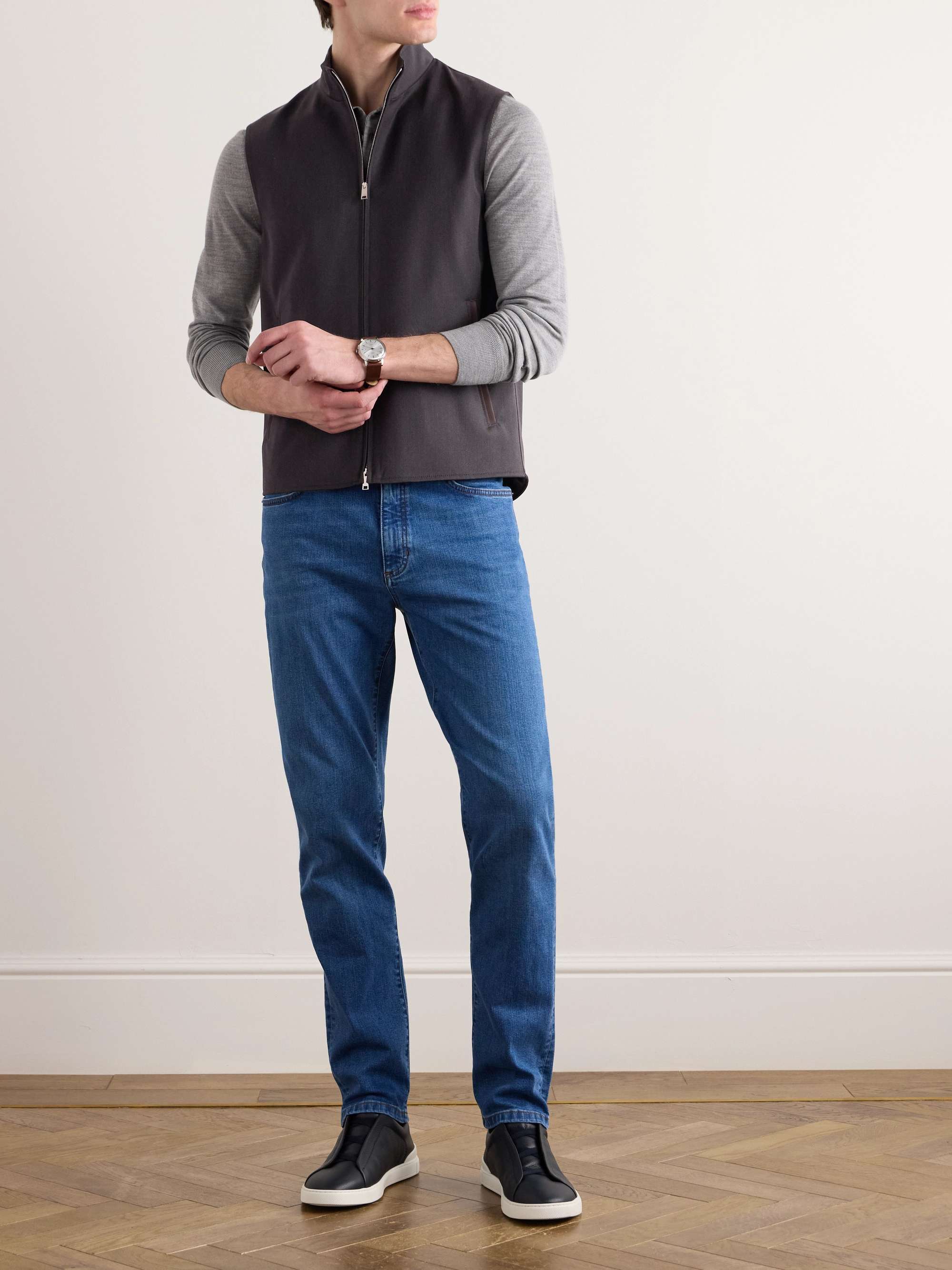 Leather-Trimmed Wool, Mohair and Silk-Blend Twill Gilet view
