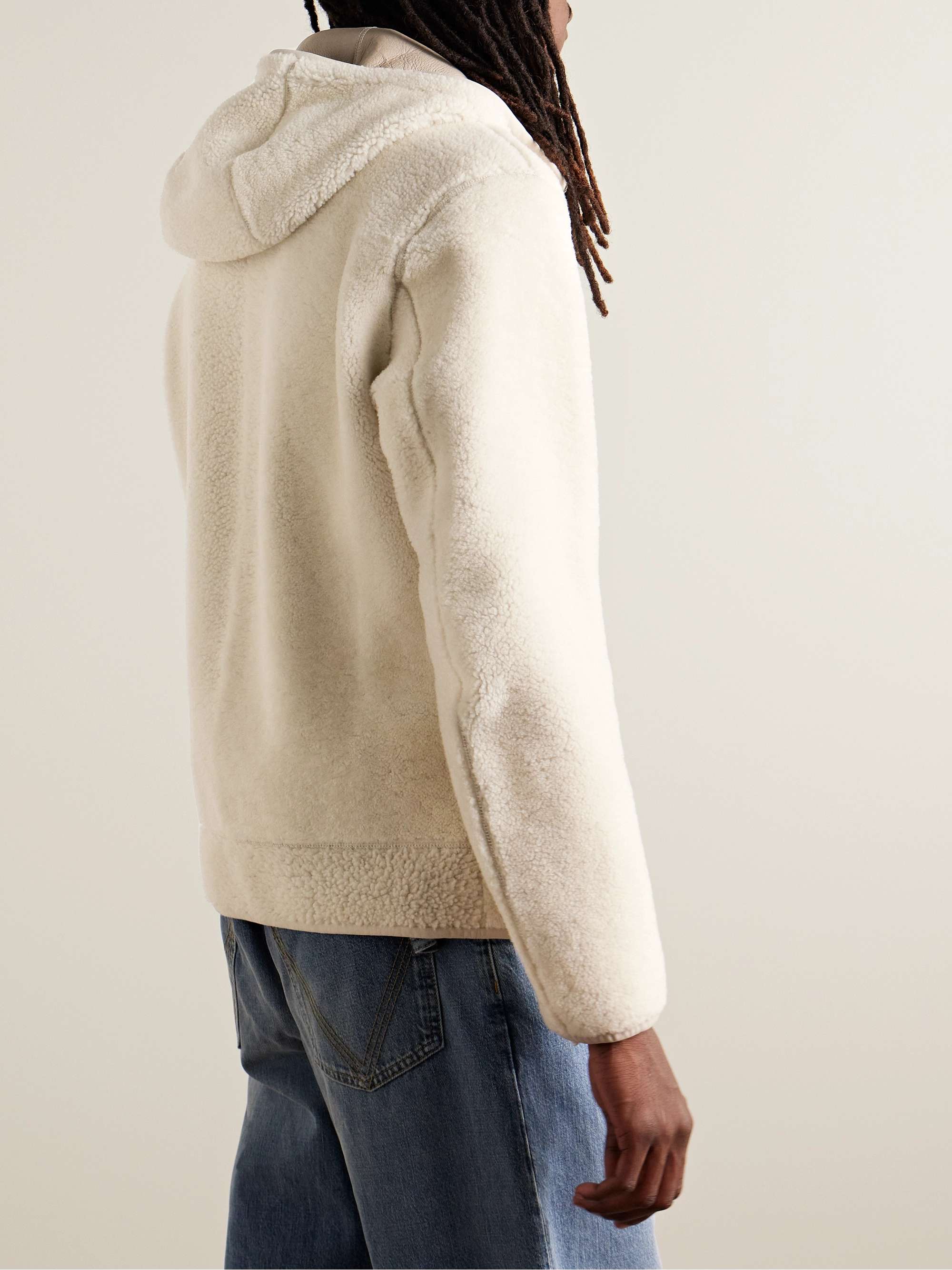 Leather-Trimmed Shearling Hooded Jacket view