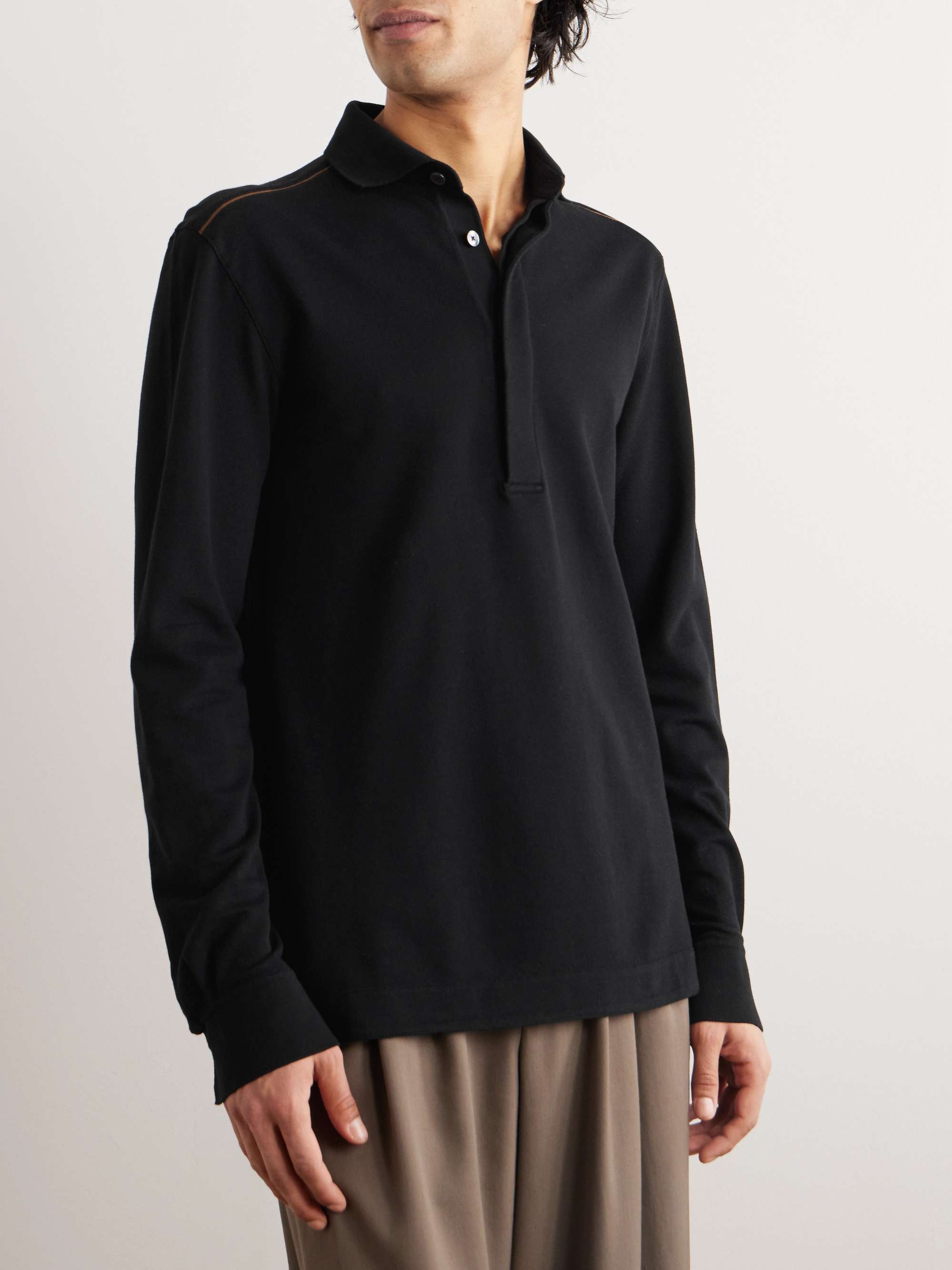 Leather-Trimmed Cotton-Piqué Polo Shirt view