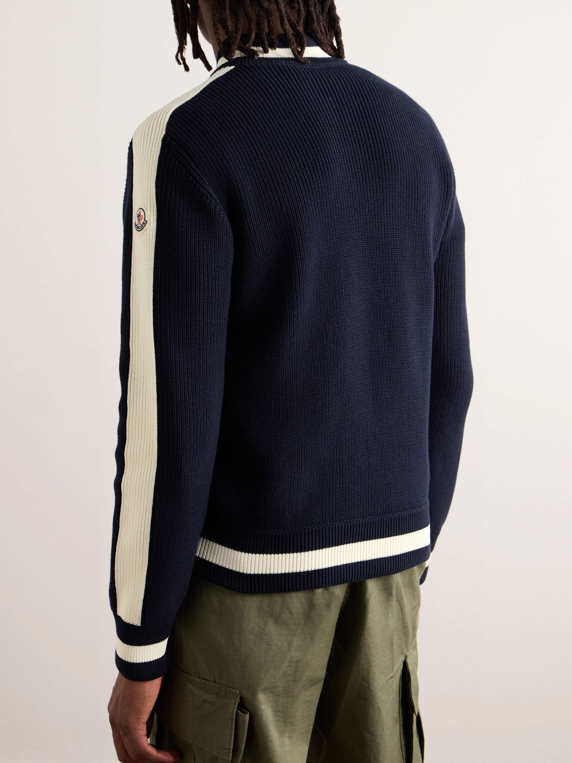 Slim-Fit Logo-Appliquéd Striped Ribbed Cotton and Quilted Shell Down Cardigan view