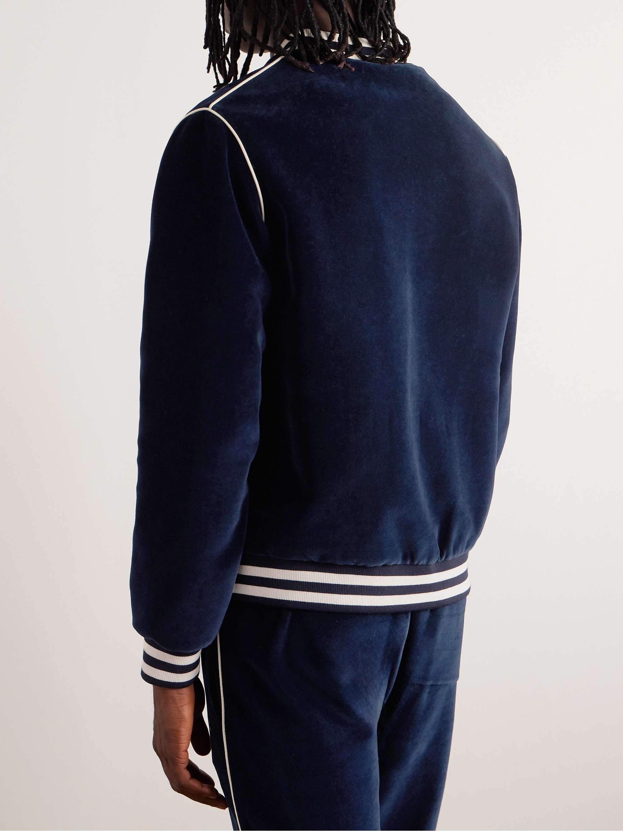 Striped Logo-Embroidered Cotton-Blend Velour Varsity Jacket view