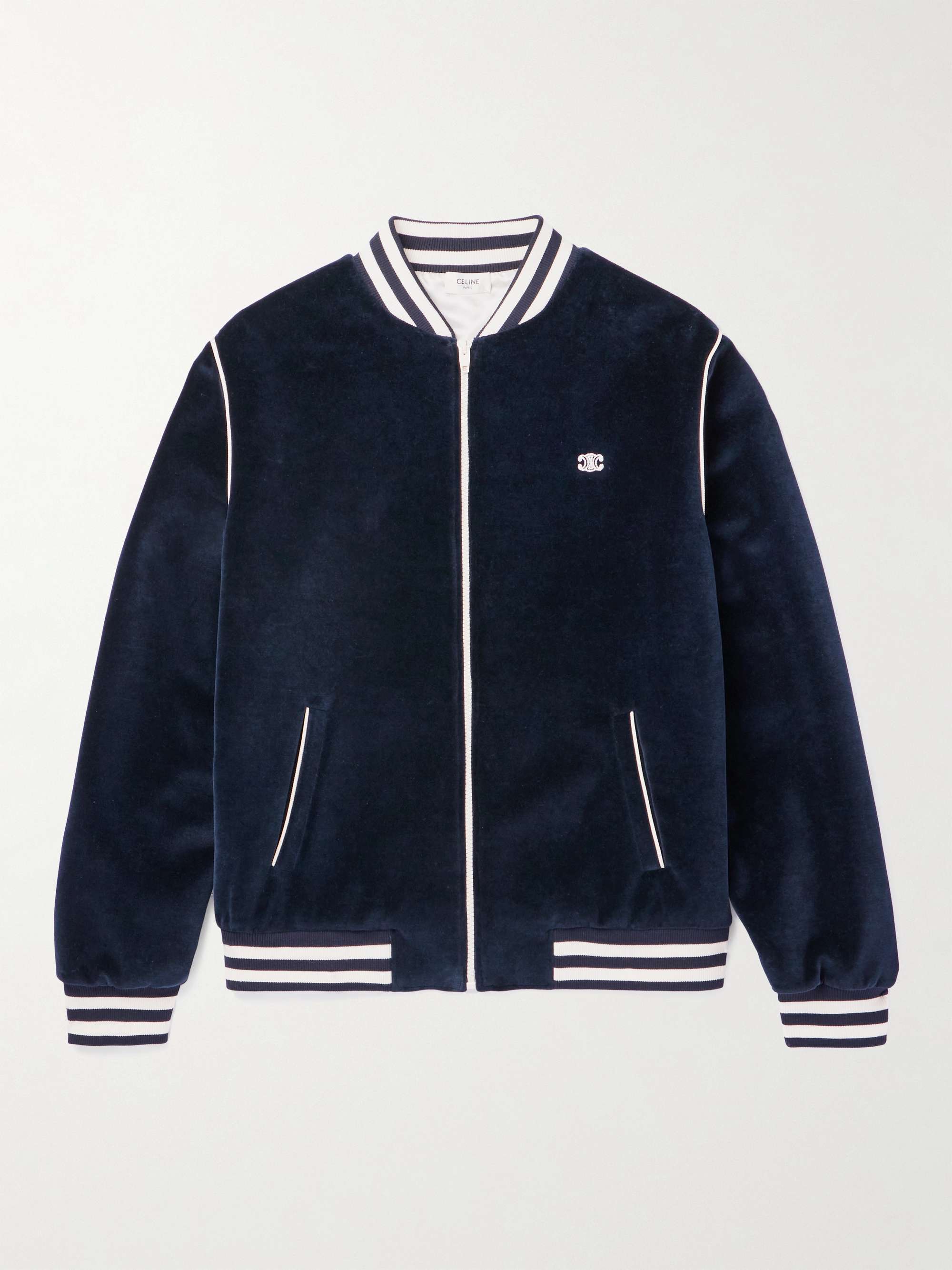 Striped Logo-Embroidered Cotton-Blend Velour Varsity Jacket view