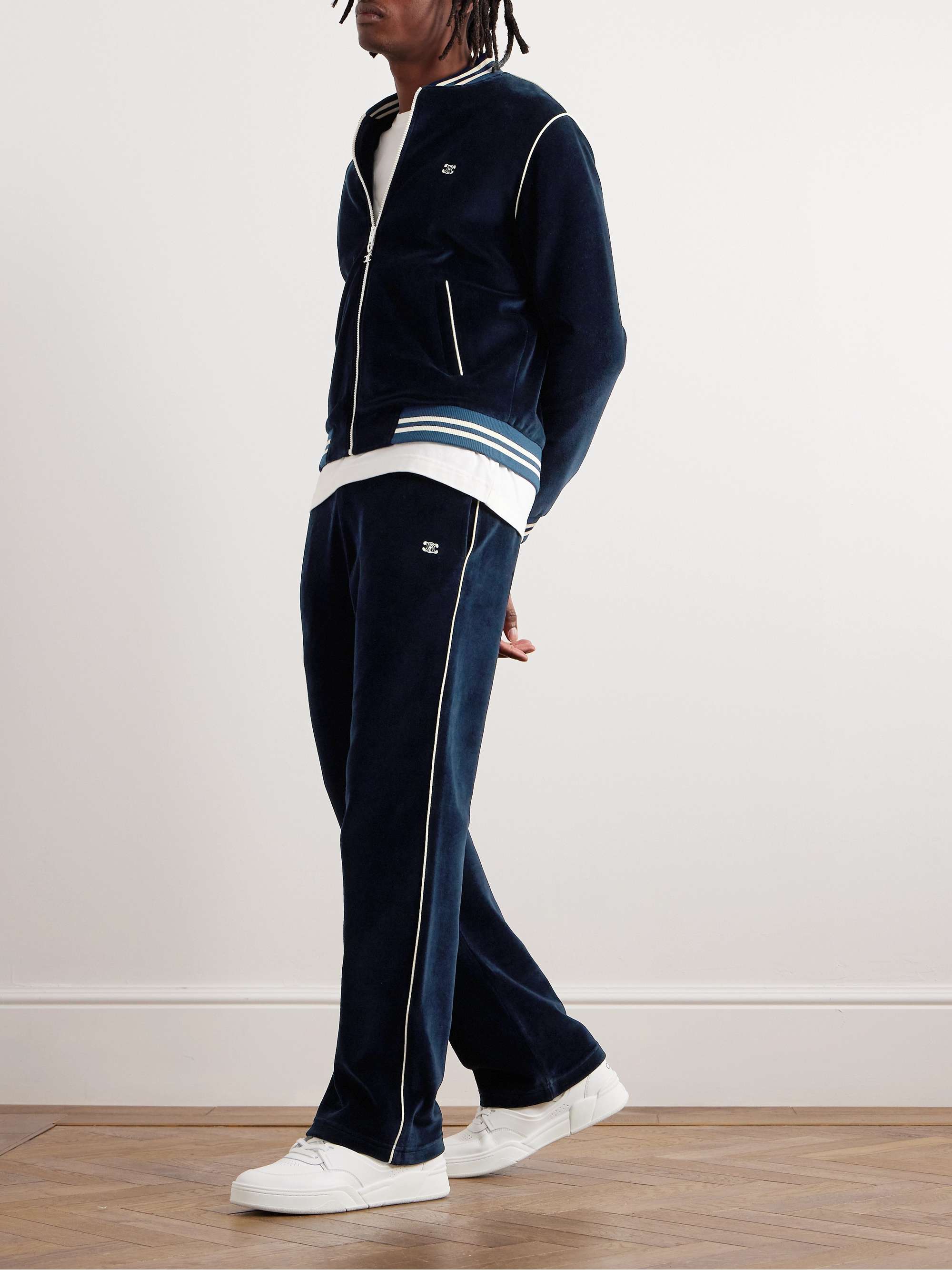 Straight-Leg Logo-Embroidered Cotton-Blend Velour Track Pants view