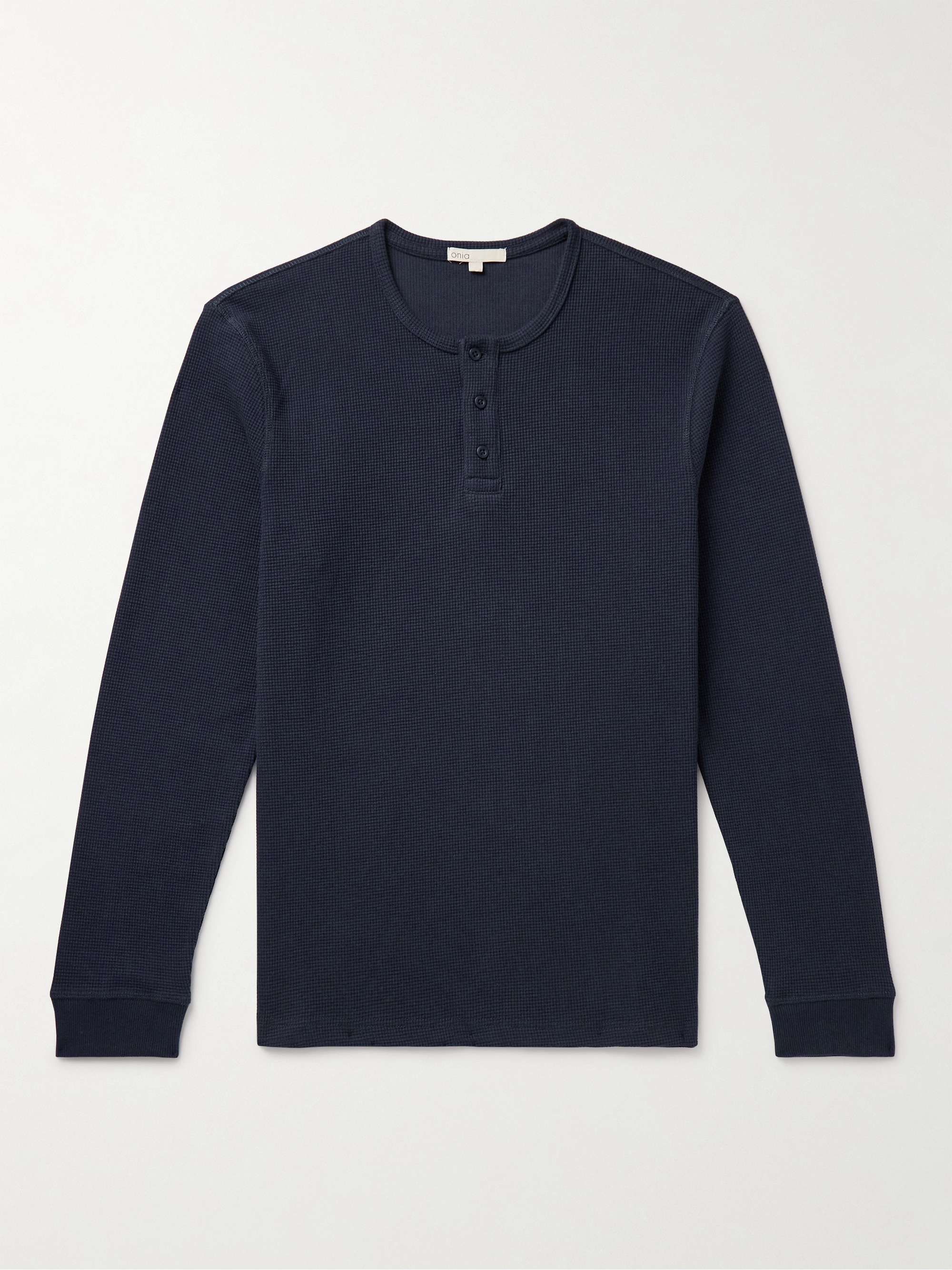 Waffle-Knit Cotton-Blend Henley T-Shirt view