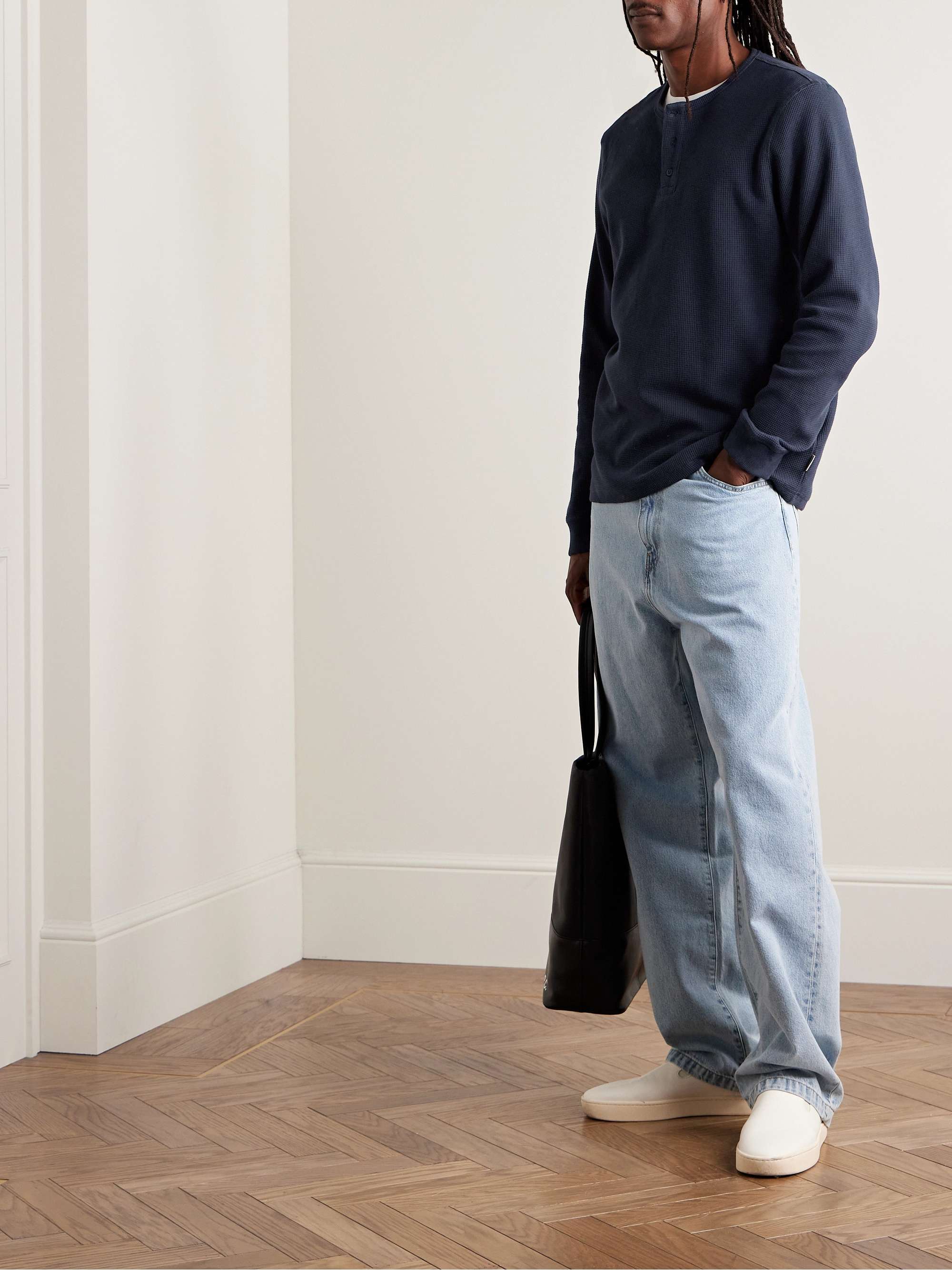 Waffle-Knit Cotton-Blend Henley T-Shirt view