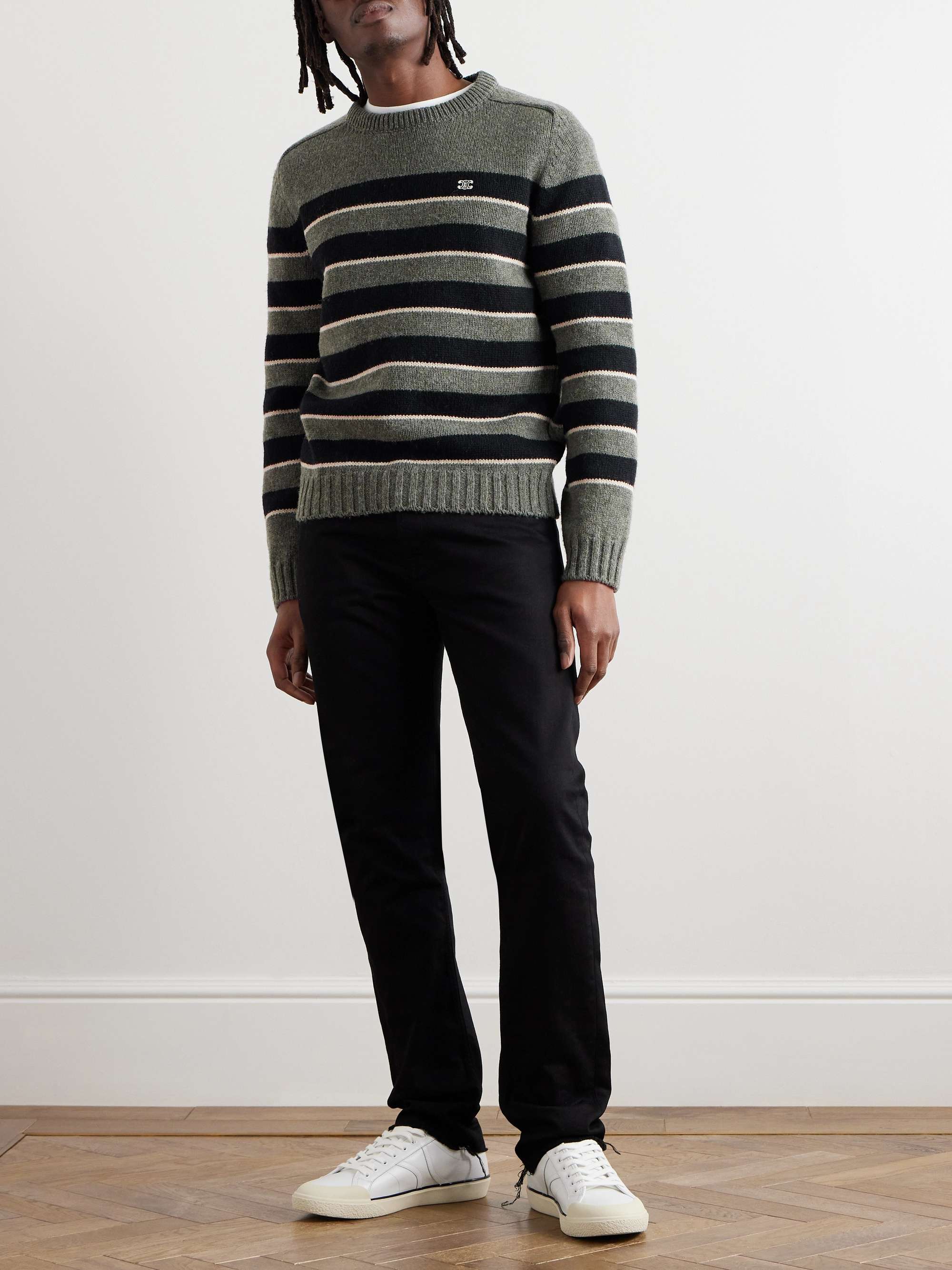 Logo-Embroidered Striped Knitted Wool Sweater view
