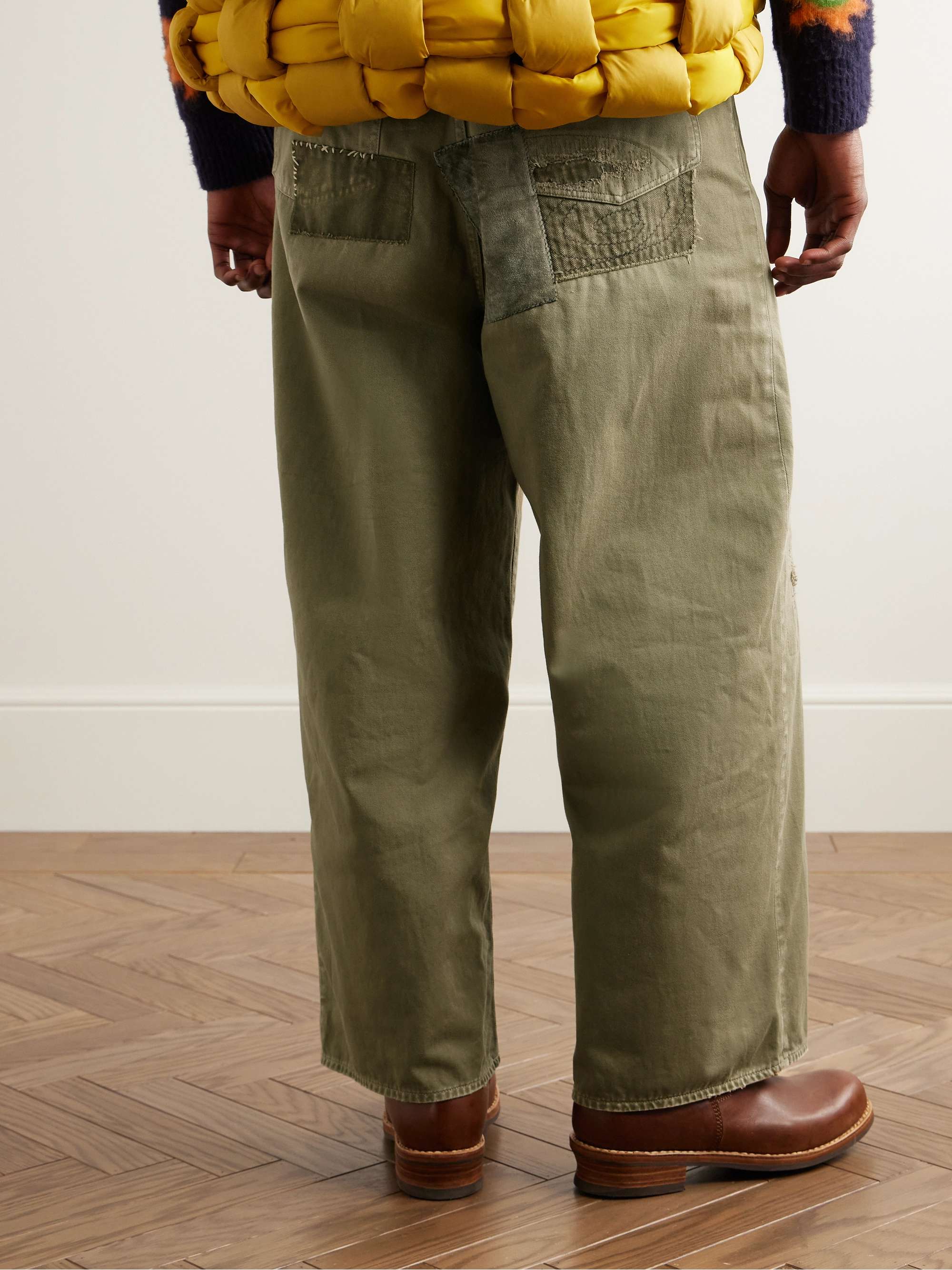 Katsuragi Port Wide-Leg Patchwork Distressed Cotton-Twill Trousers view