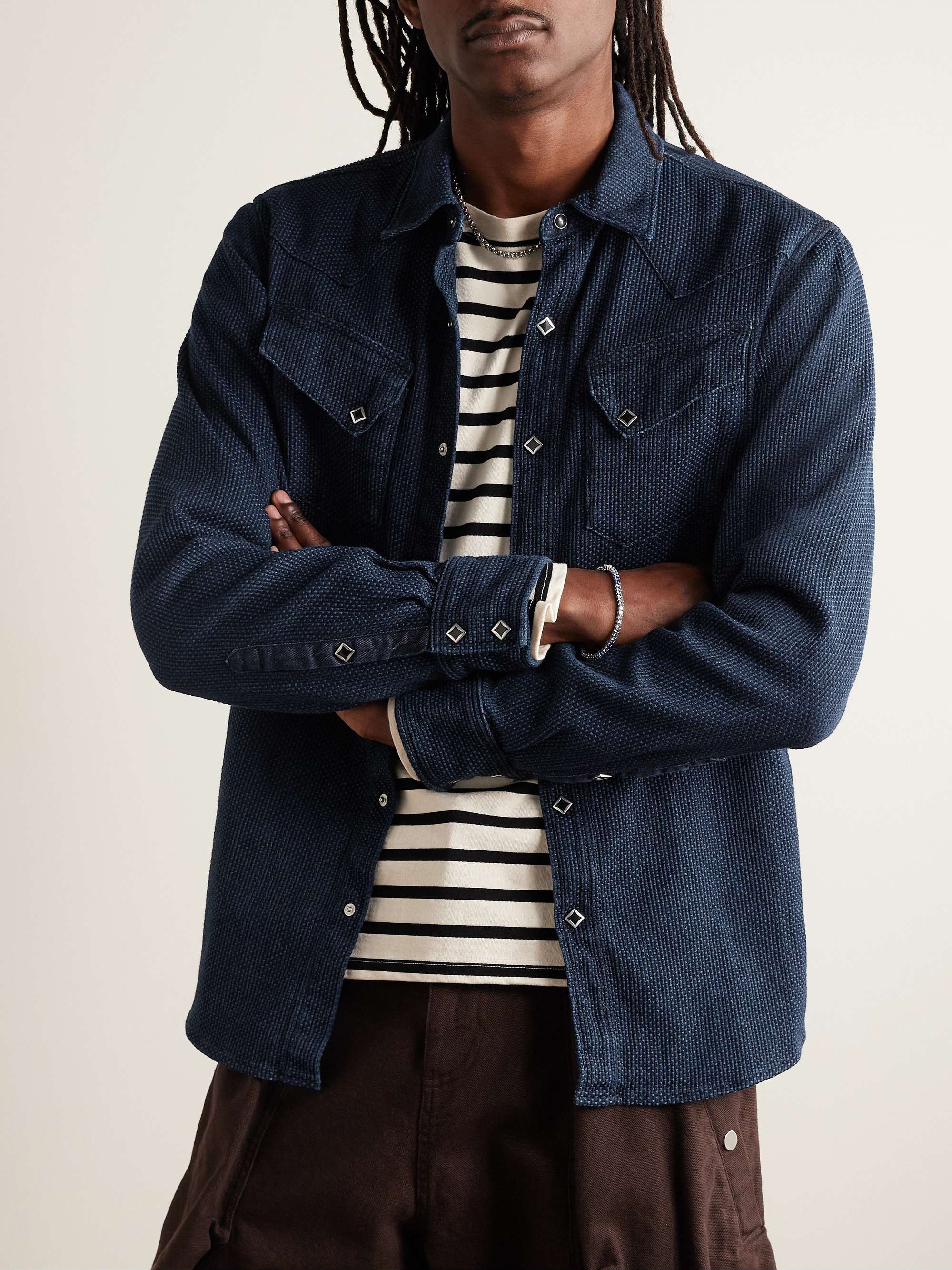 Indigo-Dyed Textured-Cotton Western Shirt view