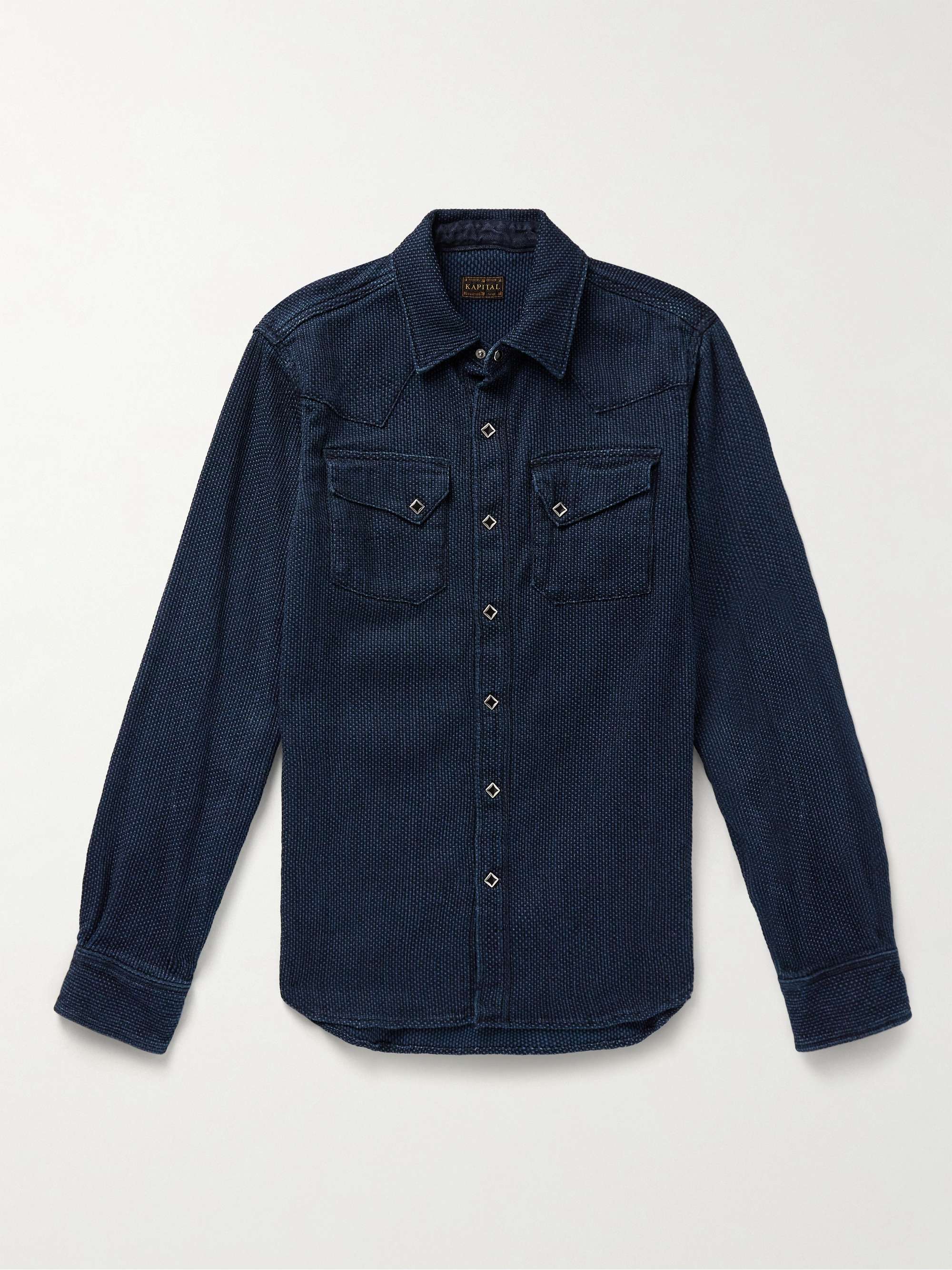 Indigo-Dyed Textured-Cotton Western Shirt view