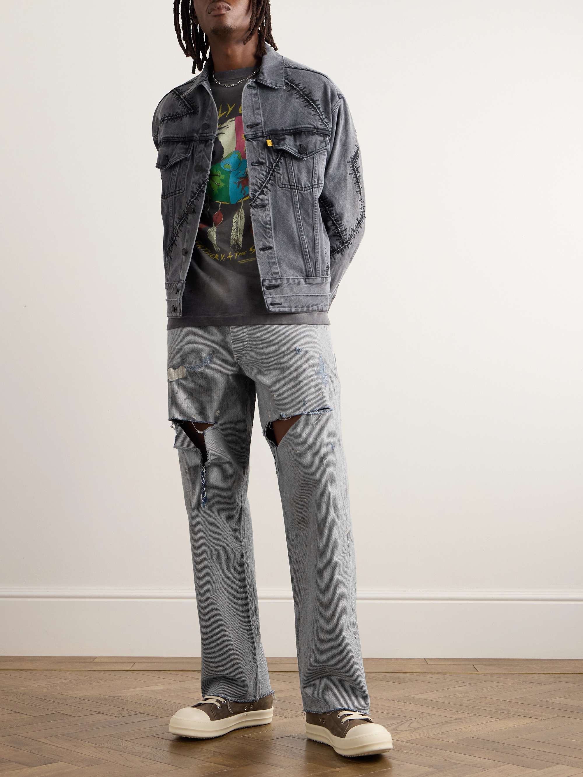 Straight-Leg Distressed Striped Paint-Splattered Jeans view