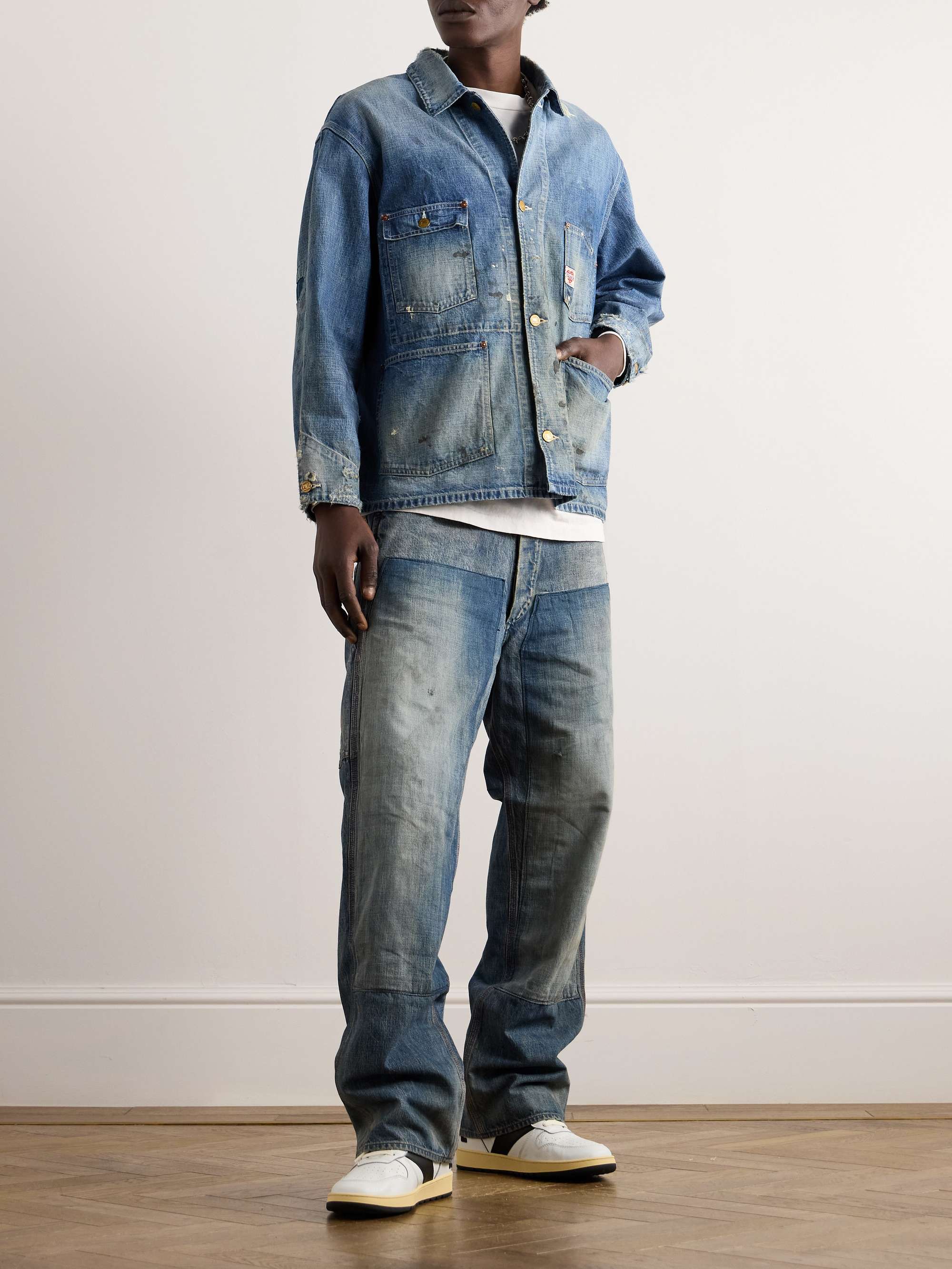 Logo-Appliqued Distressed Denim Jacket view