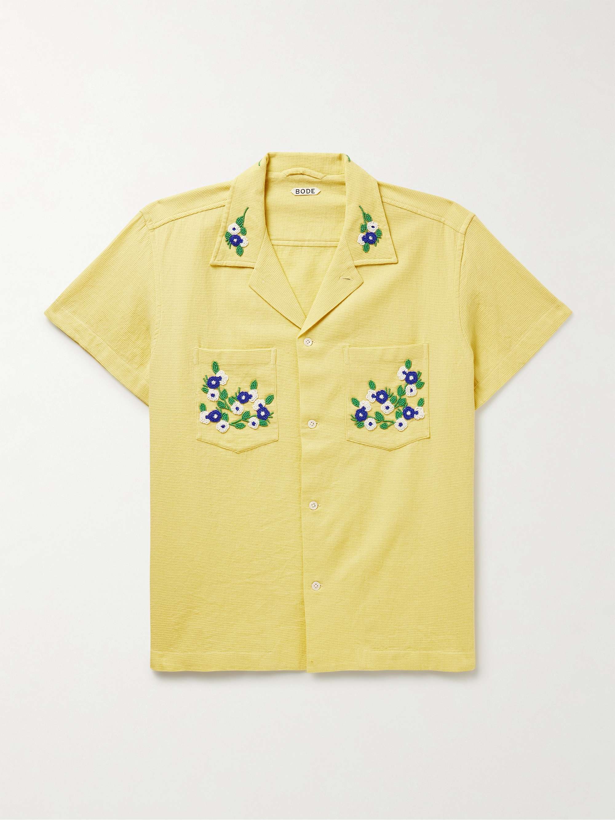 Chicory Camp-Collar Bead-Embellished Waffle-Knit Cotton Shirt view