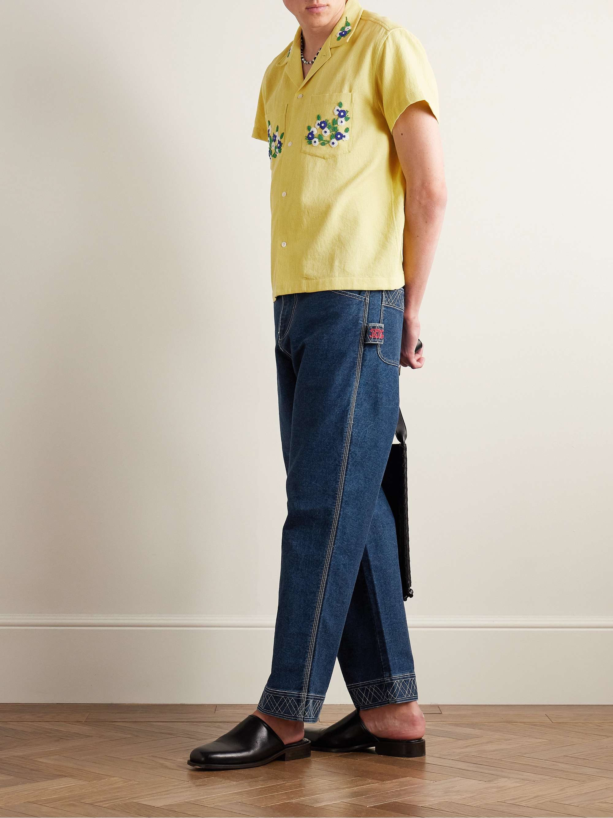 Chicory Camp-Collar Bead-Embellished Waffle-Knit Cotton Shirt view