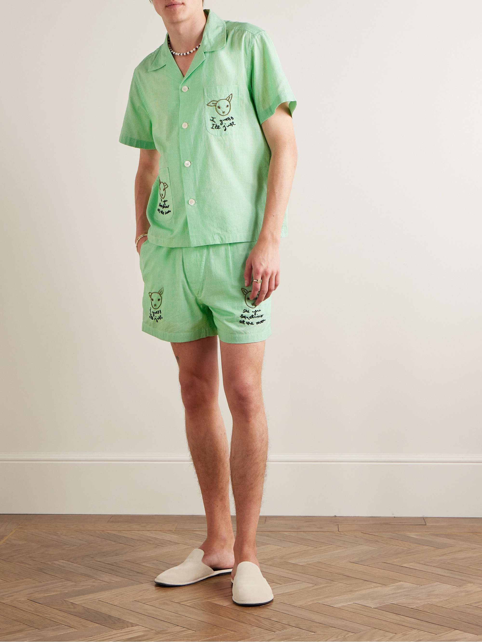 See You at the Barn Straight-Leg Bead-Embellished Checked Cotton Shorts view