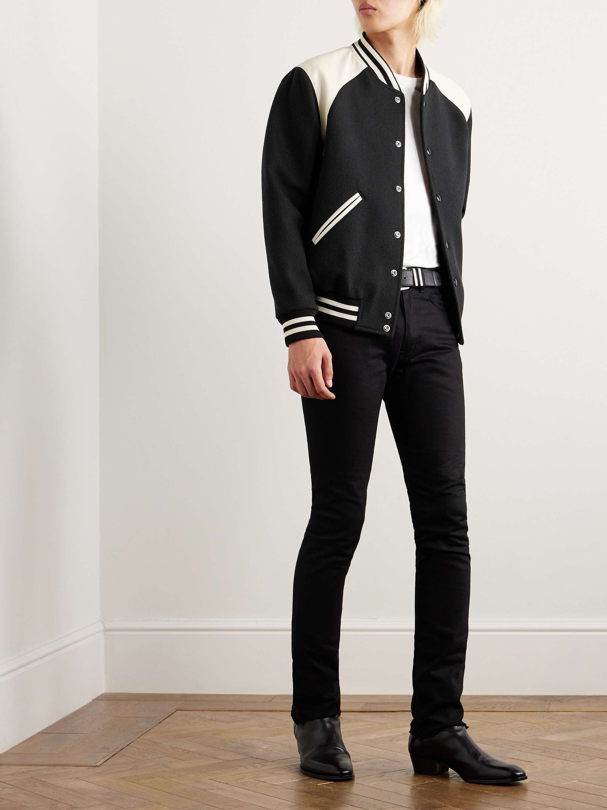 Teddy Striped Colour-Block Leather-Trimmed Virgin Wool-Blend Varsity Jacket view