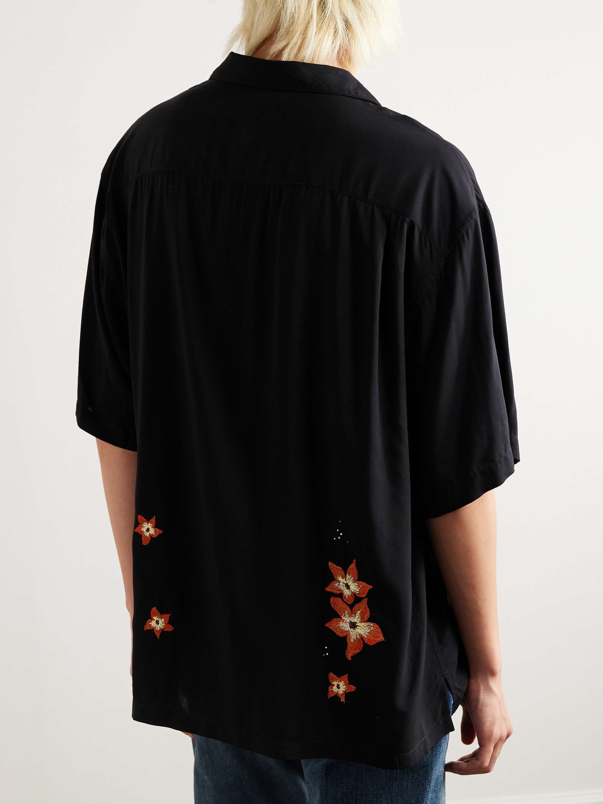 Camp-Collar Crystal-Embellished Embroidered Satin Shirt view
