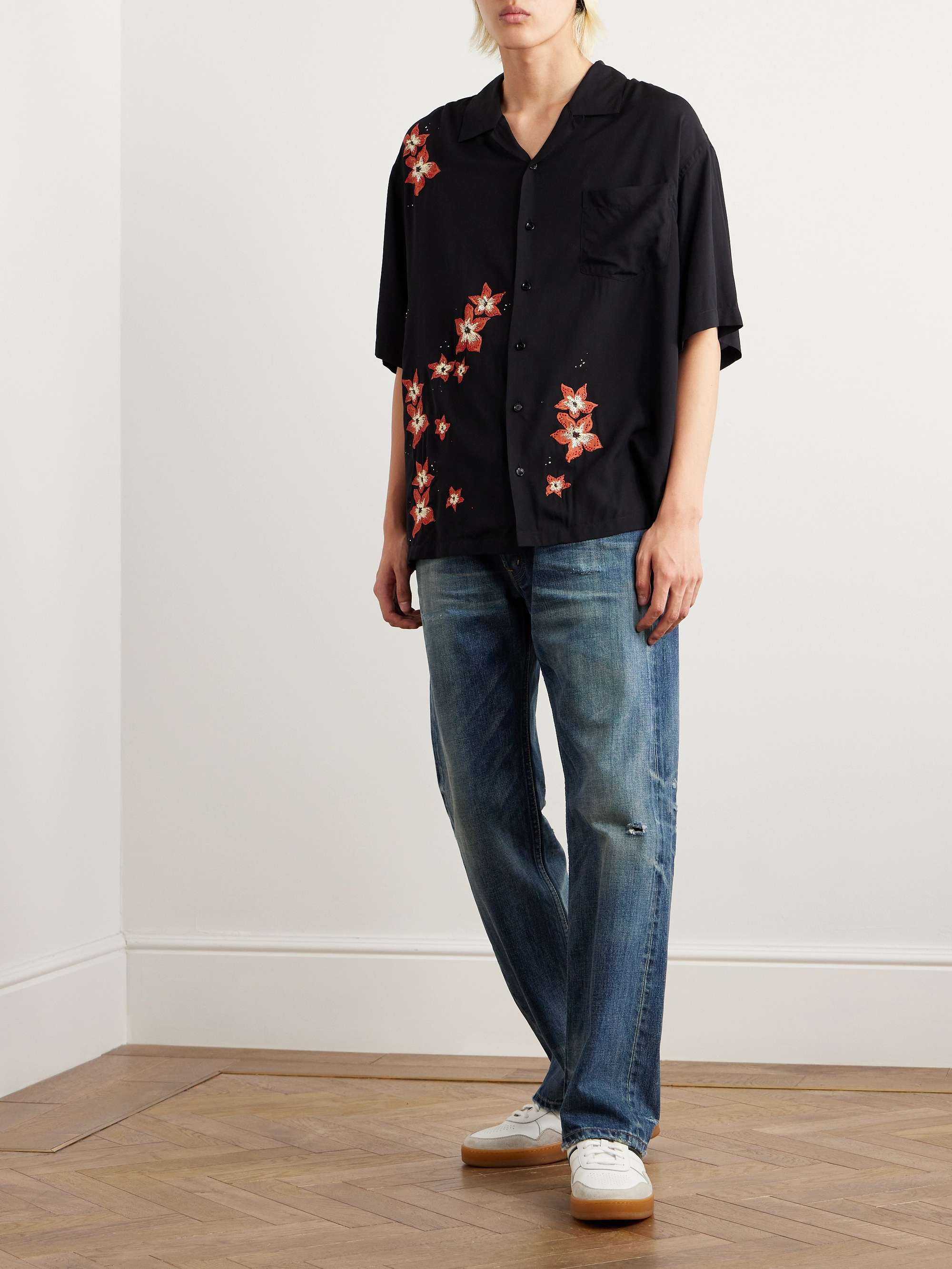 Camp-Collar Crystal-Embellished Embroidered Satin Shirt view