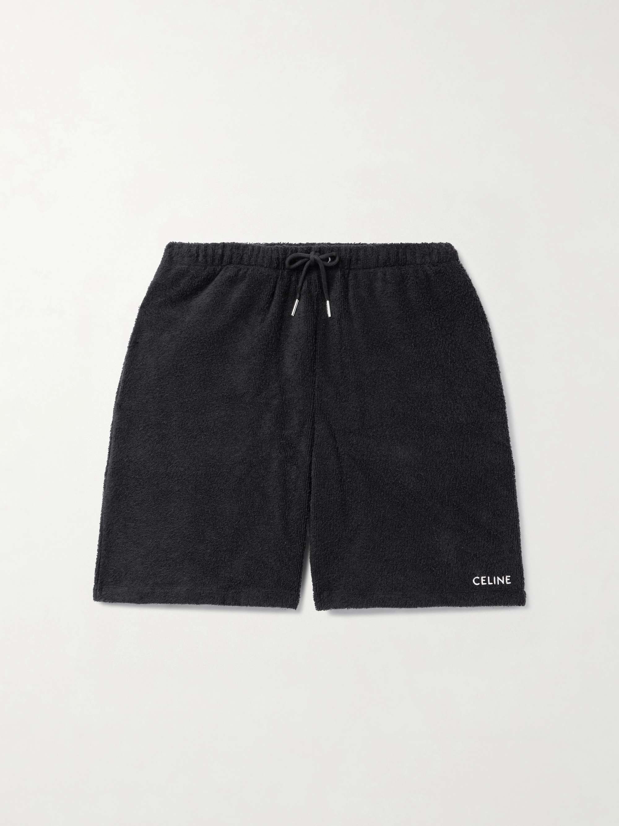 Straight-Leg Distressed Logo-Print Cotton-Jersey Drawstring Shorts view