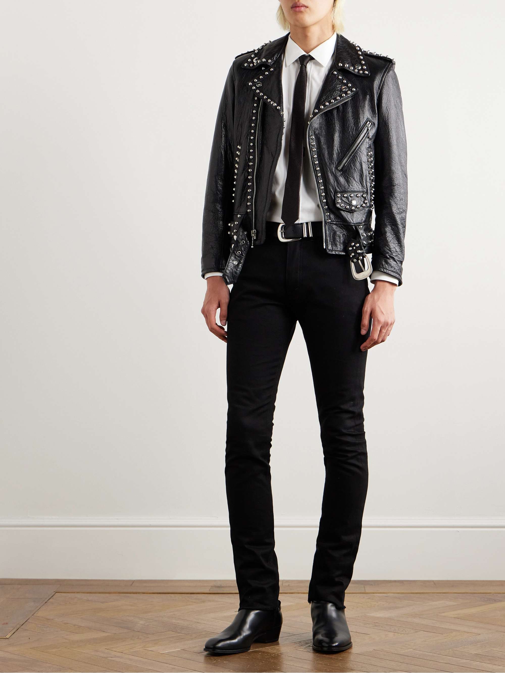 Studded Belted Textured-Leather Jacket view