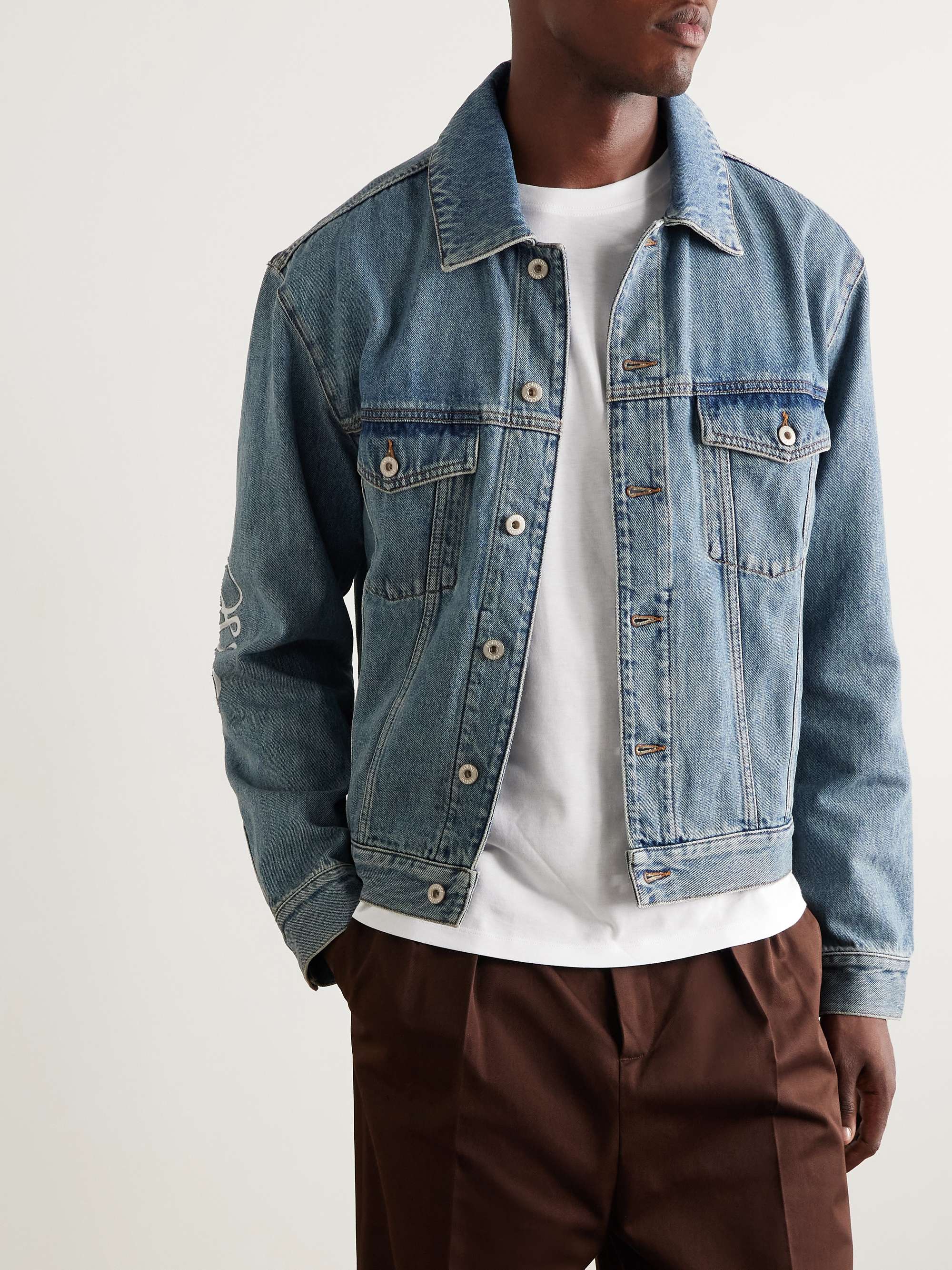 Anagram Leather-Trimmed Cutout Denim Trucker Jacket view