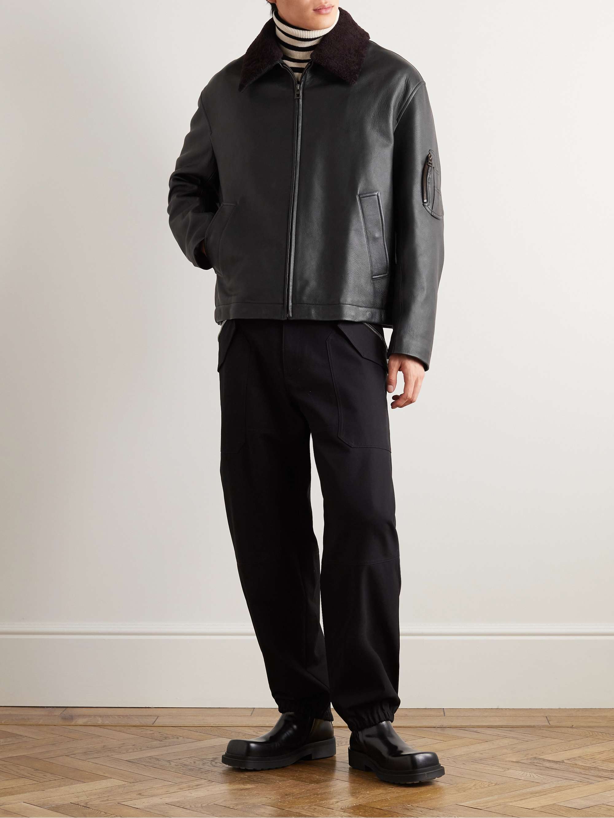 Appliquéd Shearling-Trimmed Leather Jacket view