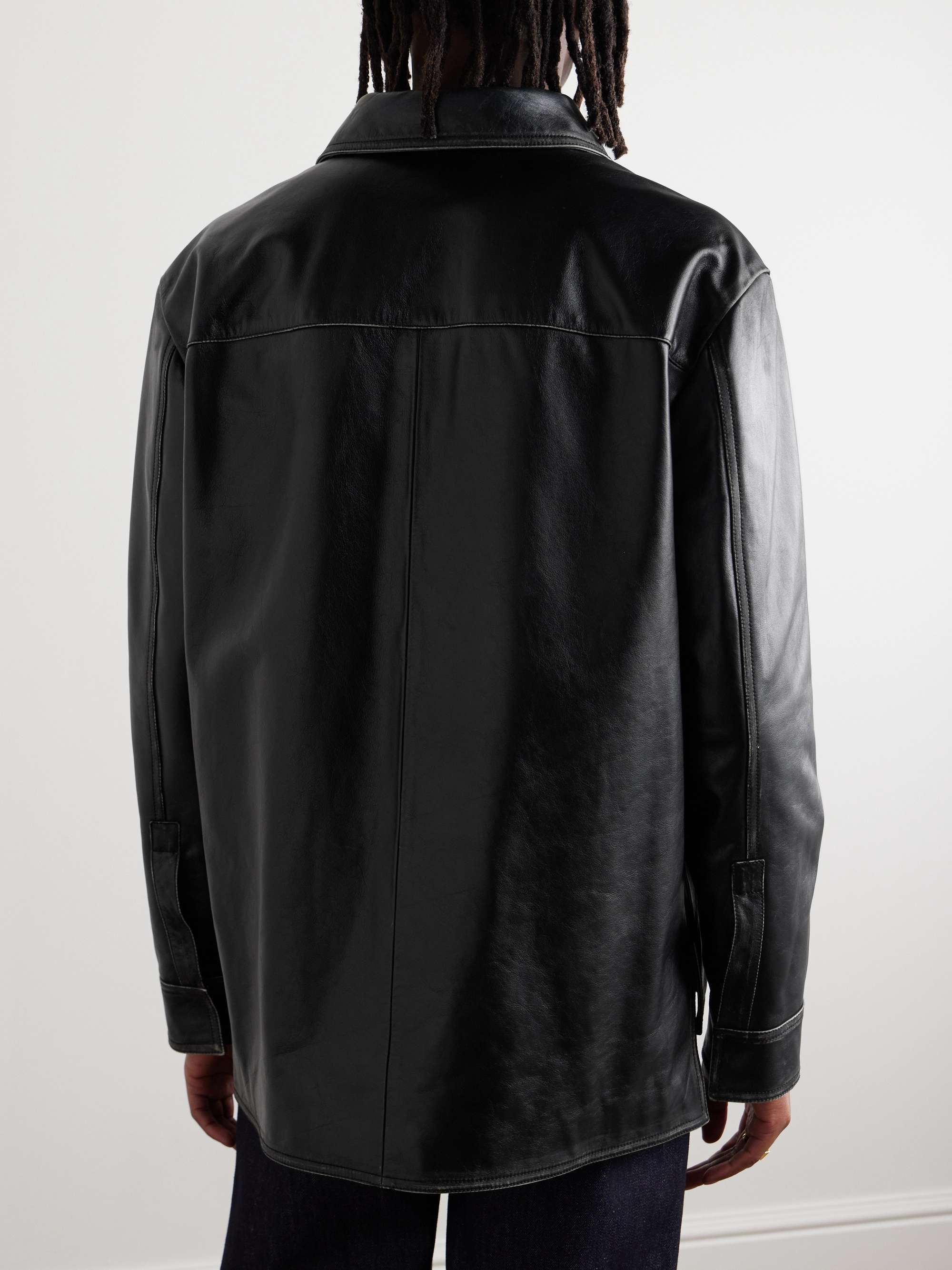 Logo-Embossed Distressed Leather Jacket view