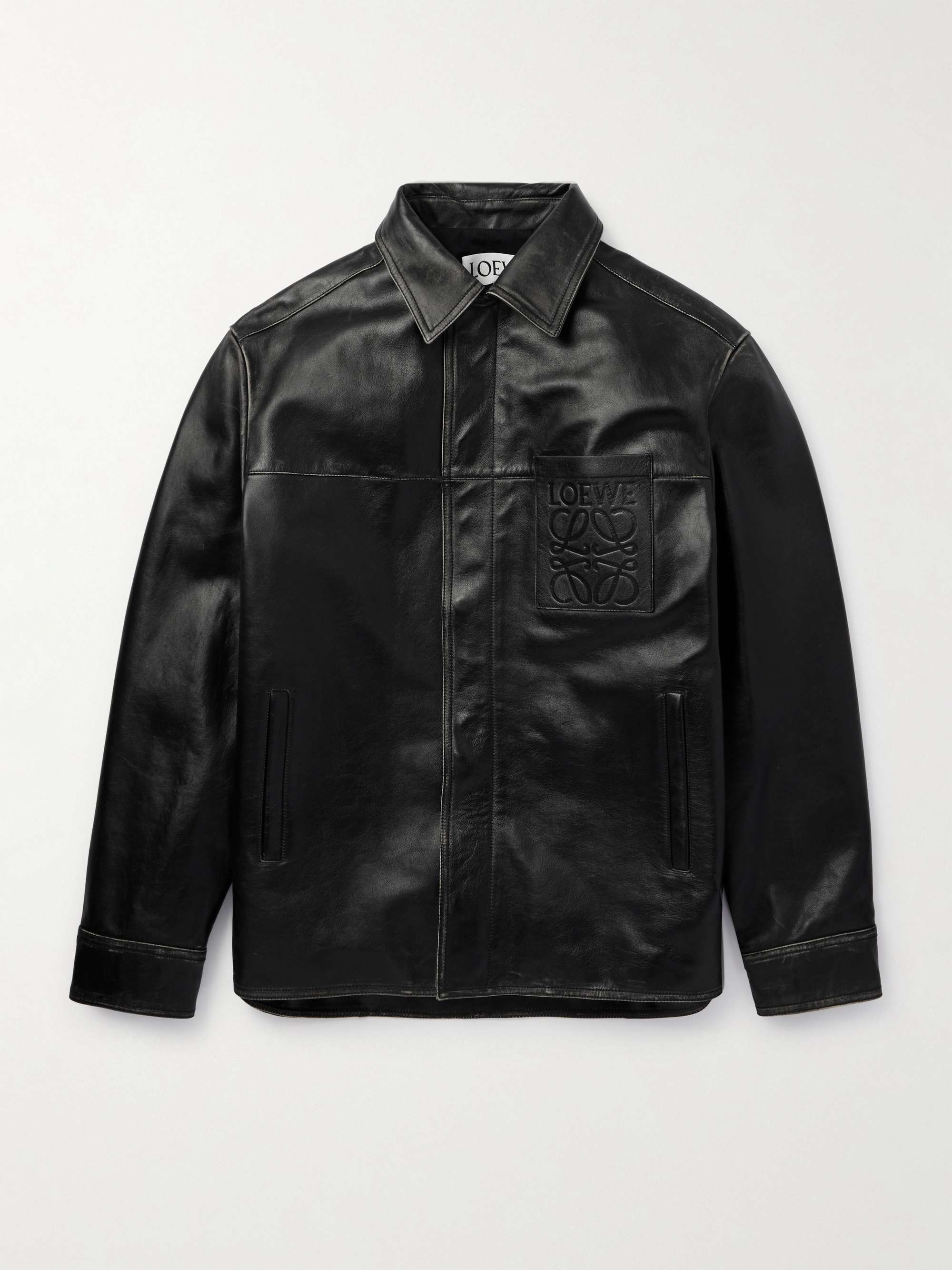 Logo-Embossed Distressed Leather Jacket view