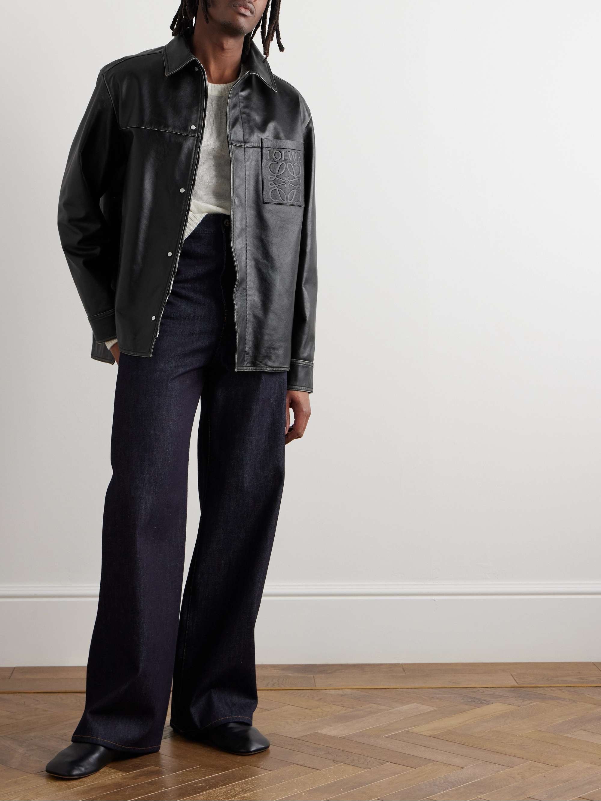 Logo-Embossed Distressed Leather Jacket view