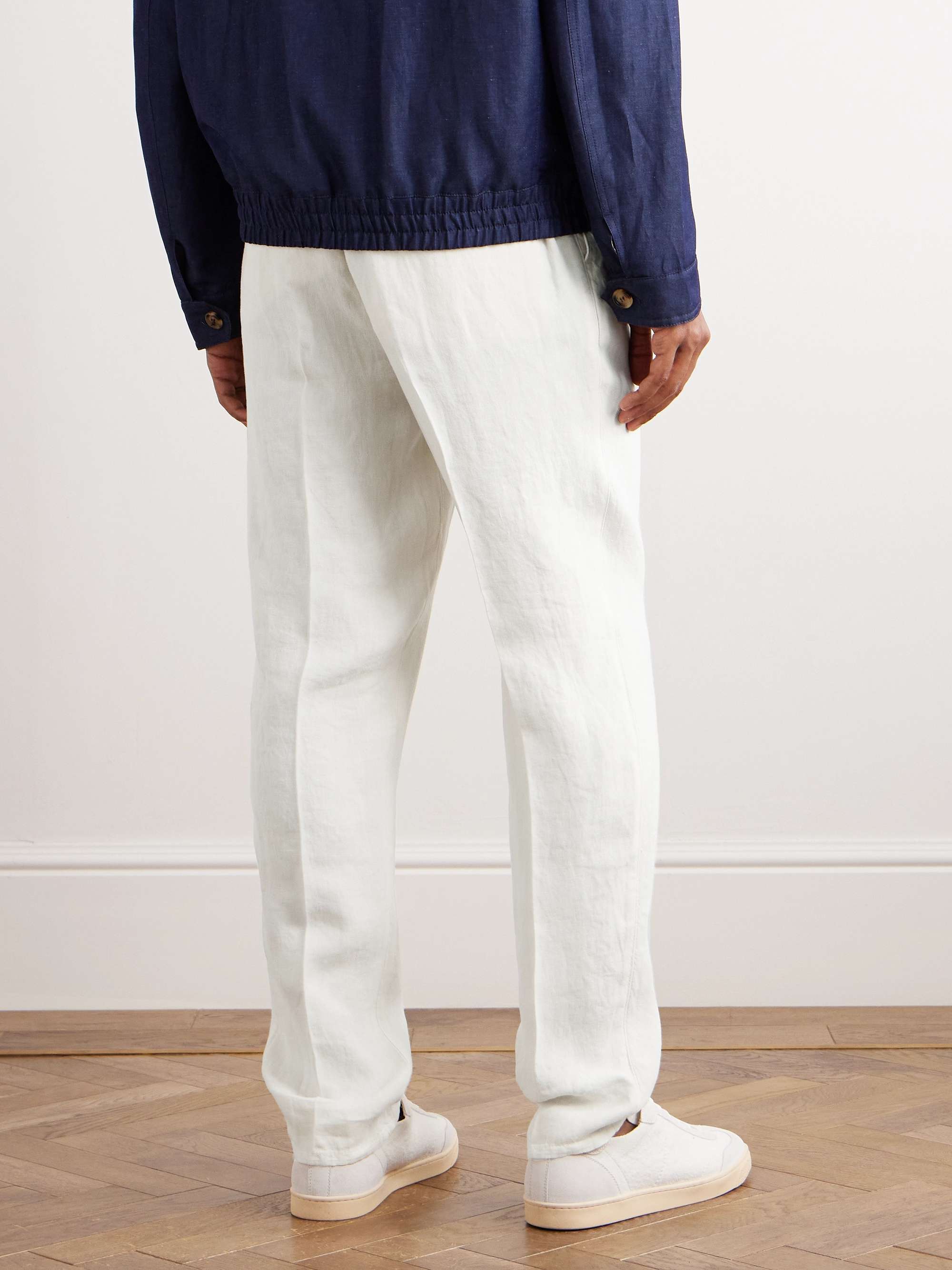 Straight-Leg Pleated Linen-Twill Drawstring Trousers view