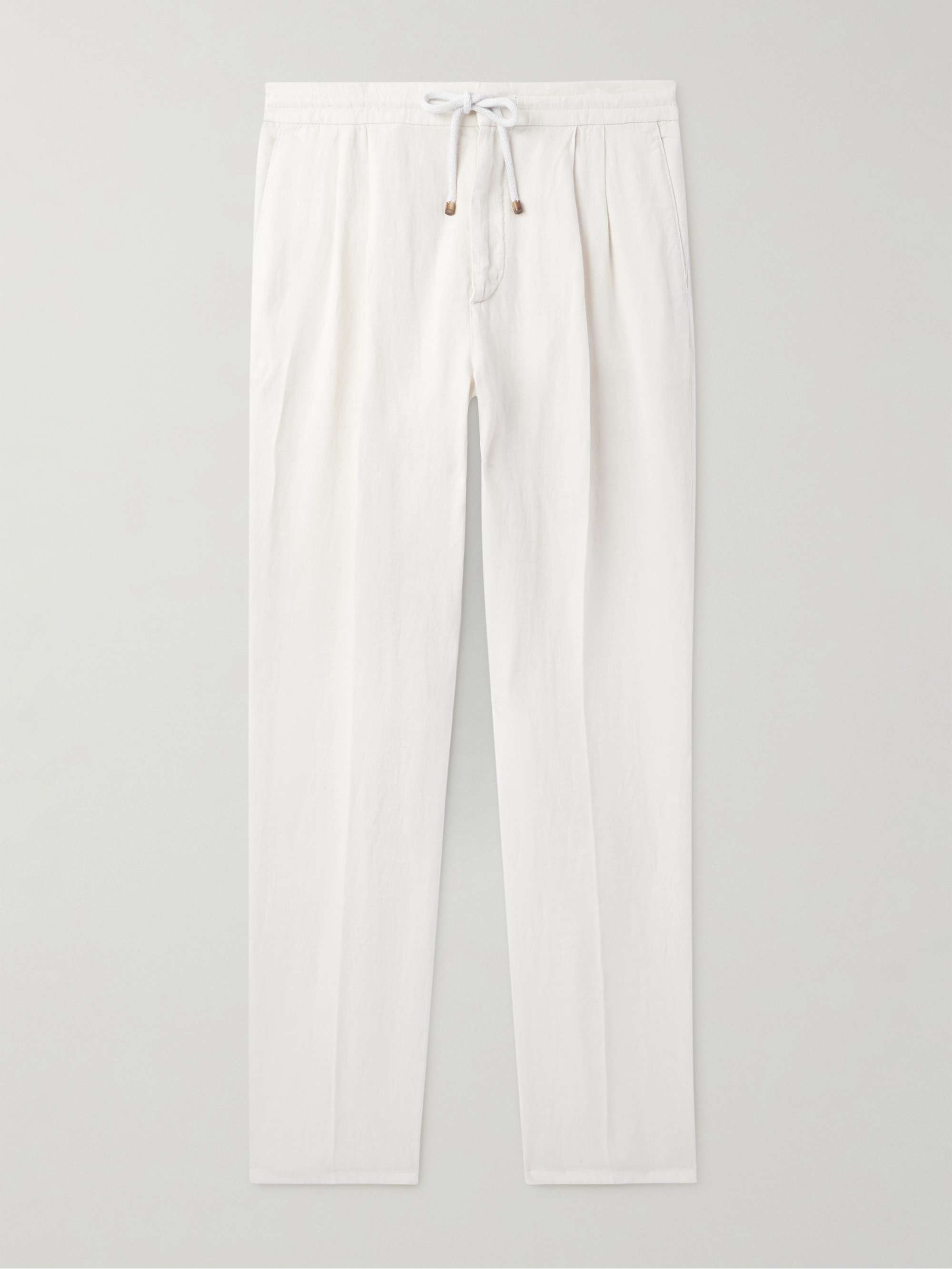 Straight-Leg Pleated Linen-Twill Drawstring Trousers view