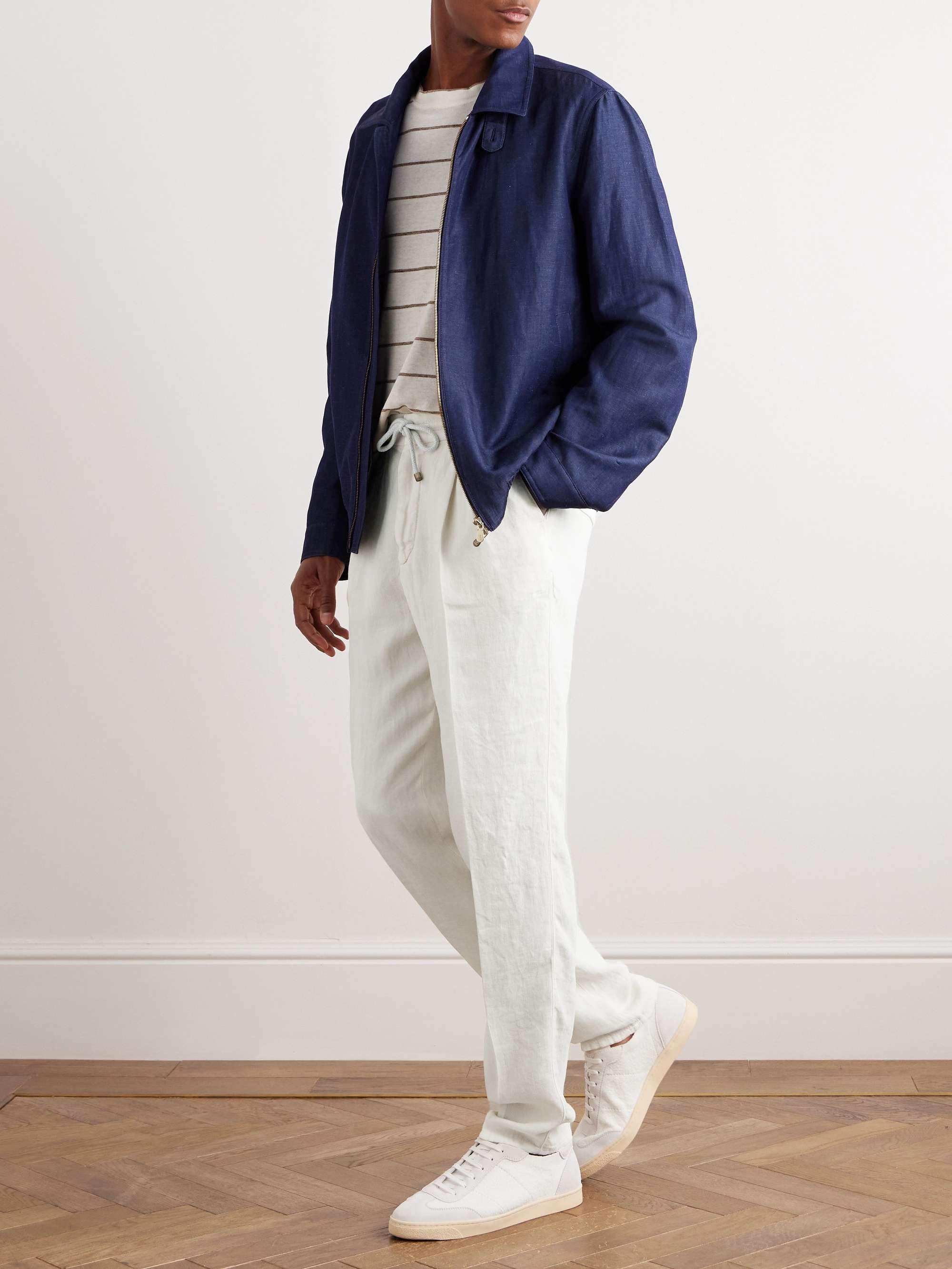 Straight-Leg Pleated Linen-Twill Drawstring Trousers view