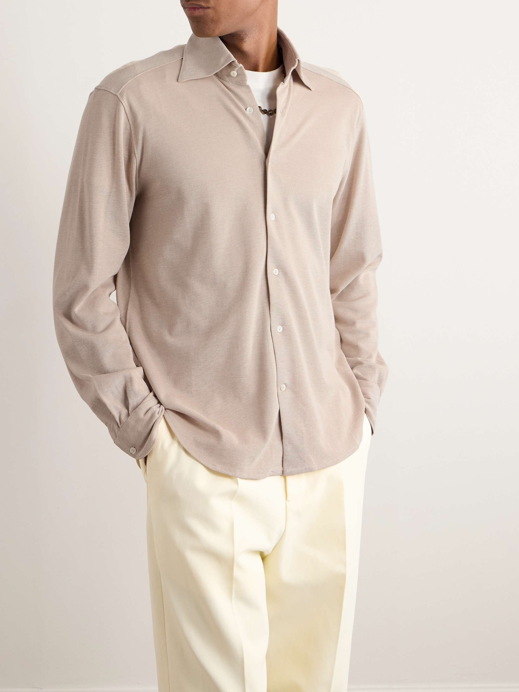 Spread-Collar Cotton and Silk-Blend Piqué Shirt view