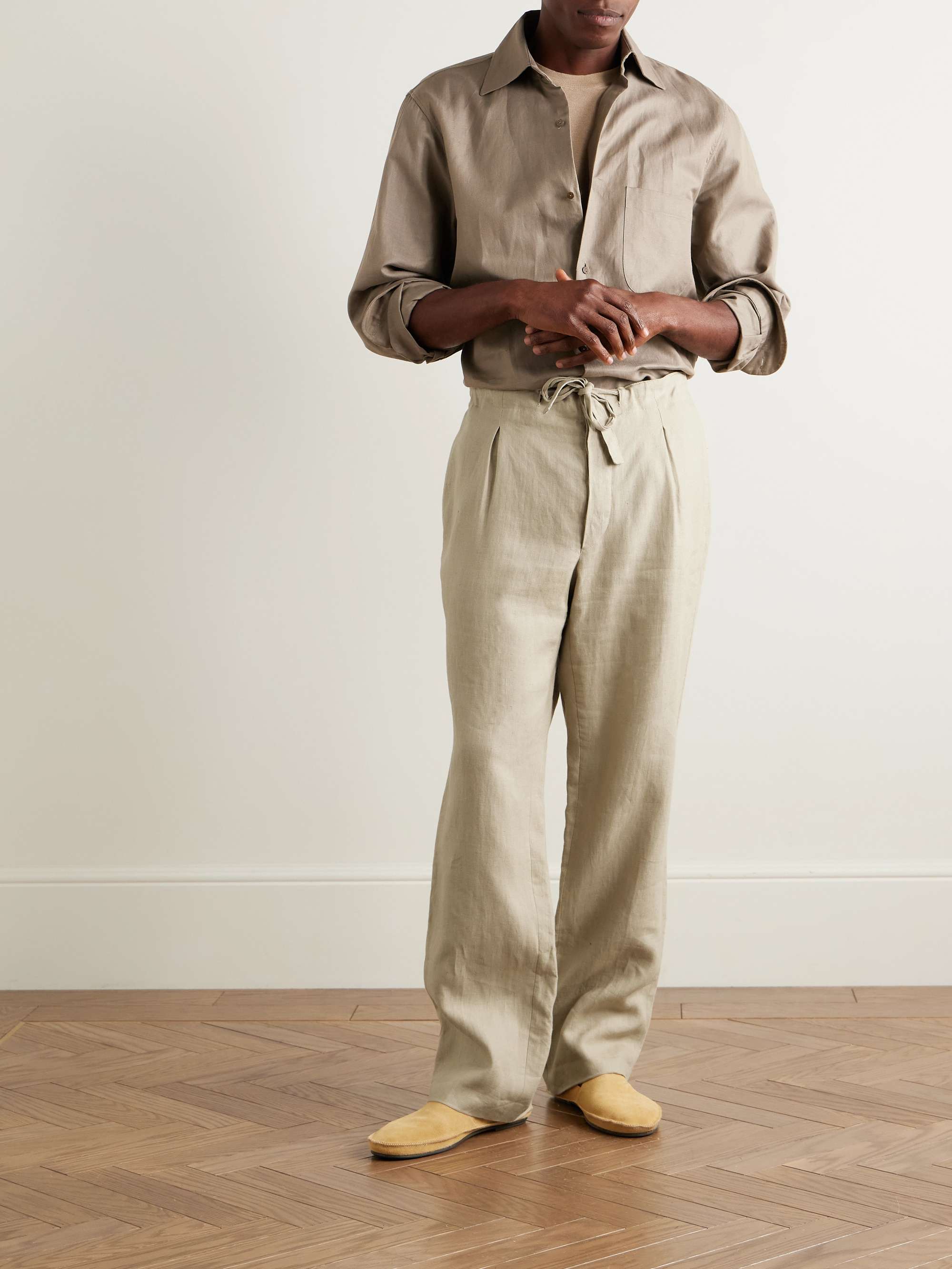 Straight-Leg Linen-Twill Drawstring Trousers view