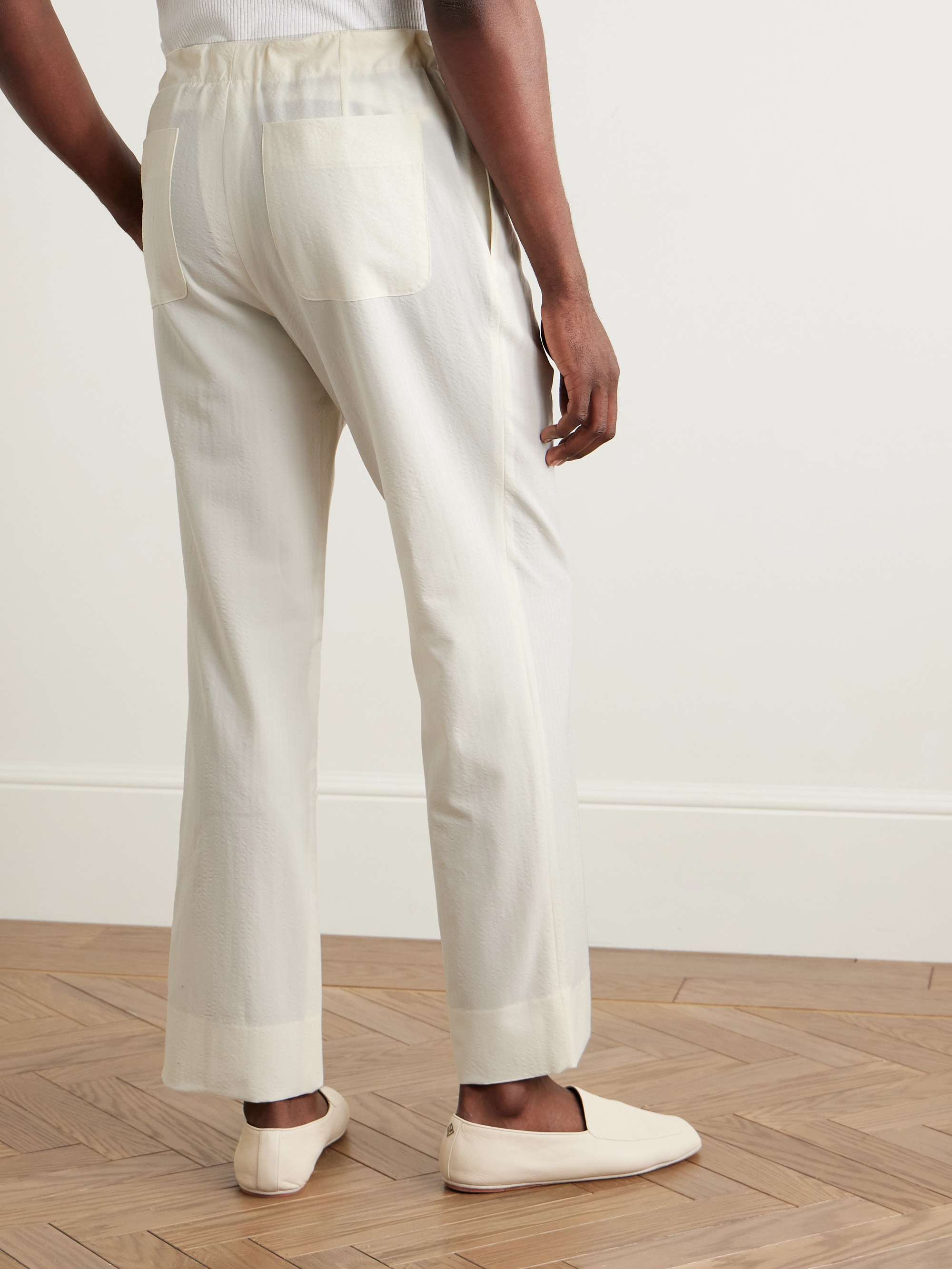 Straight-Leg Pleated Wool-Seersucker Drawstring Trousers view