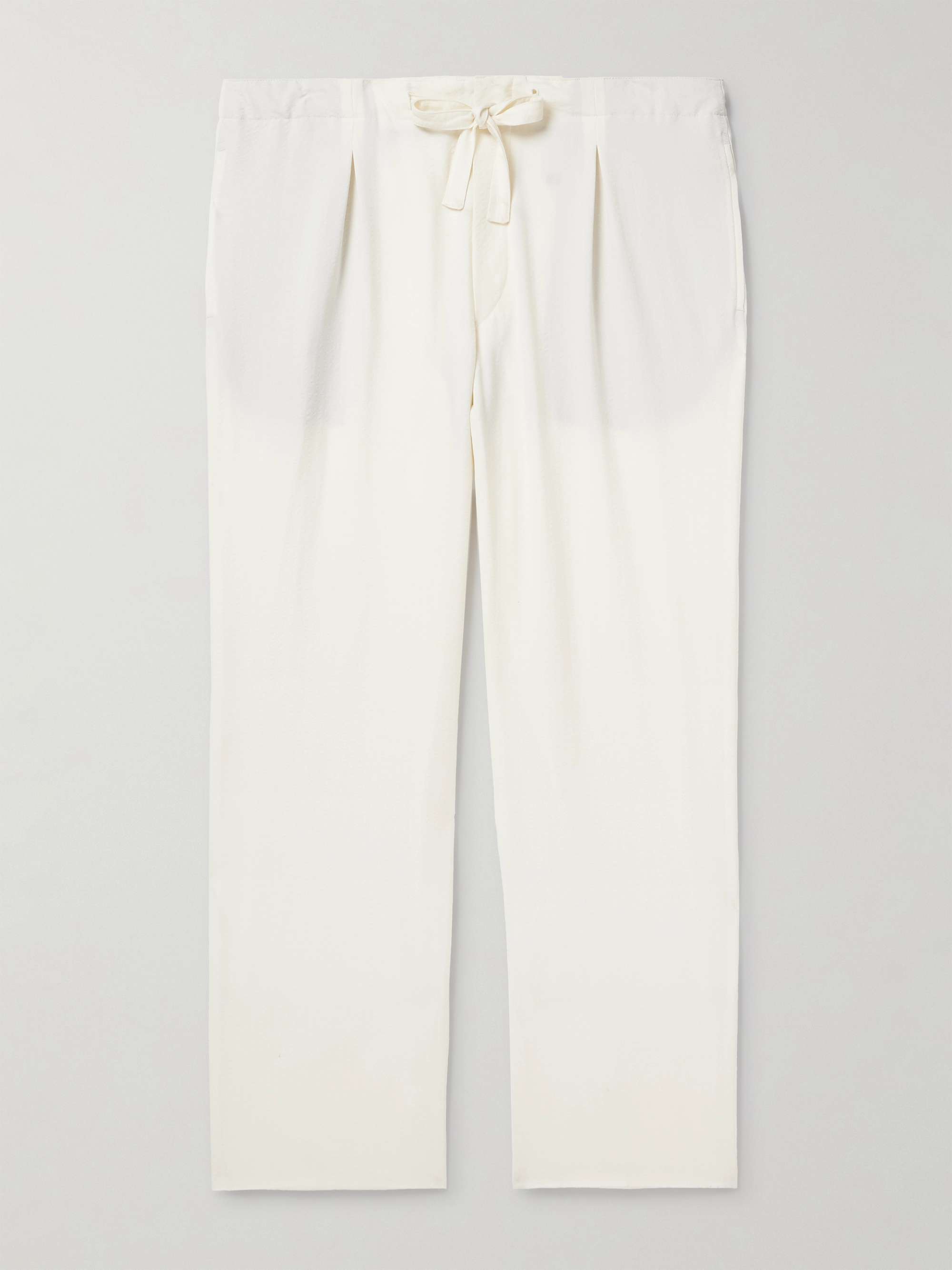 Straight-Leg Pleated Wool-Seersucker Drawstring Trousers view