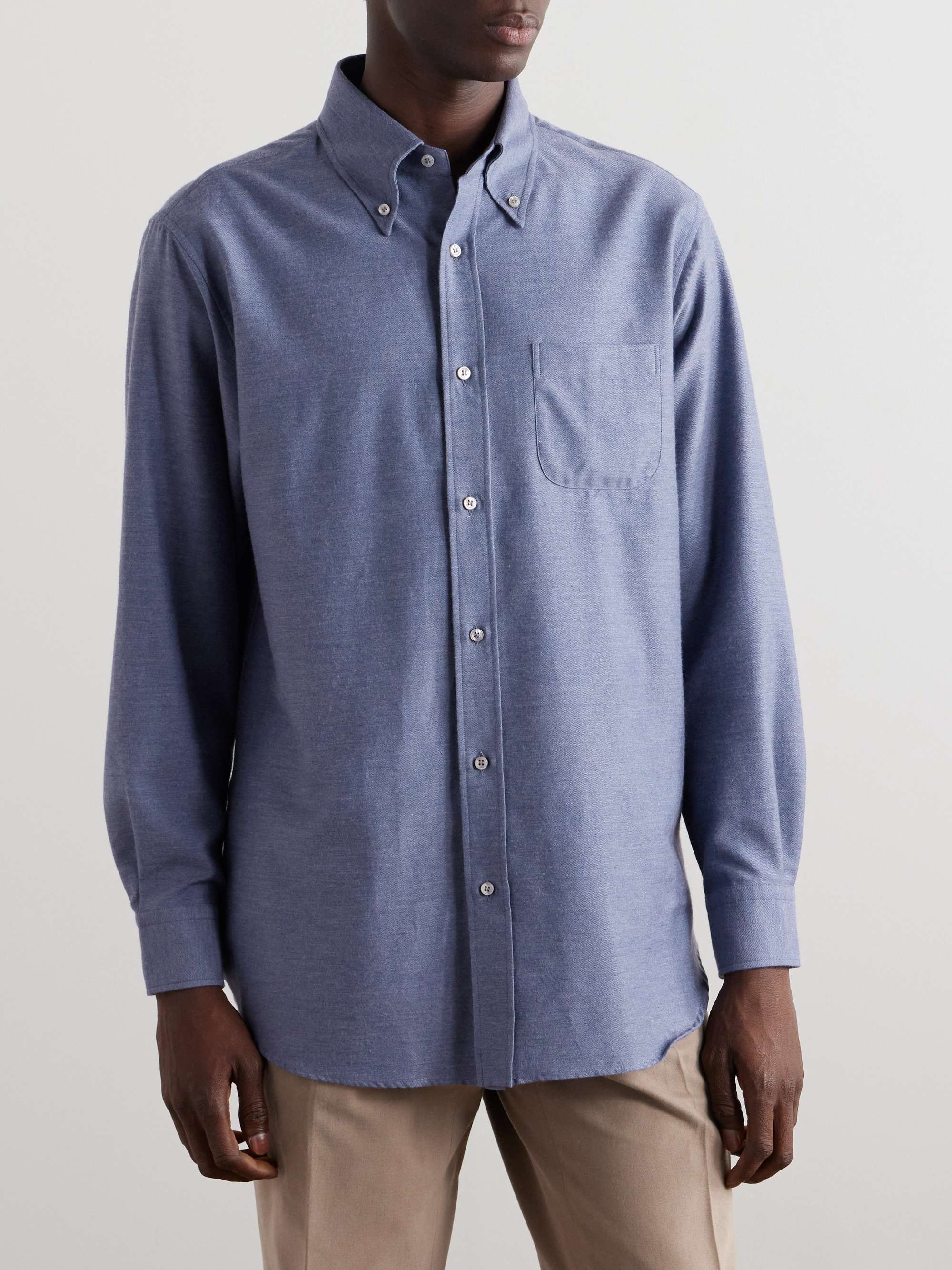 Button-Down Collar Cotton and Cashmere-Blend Denim Shirt view
