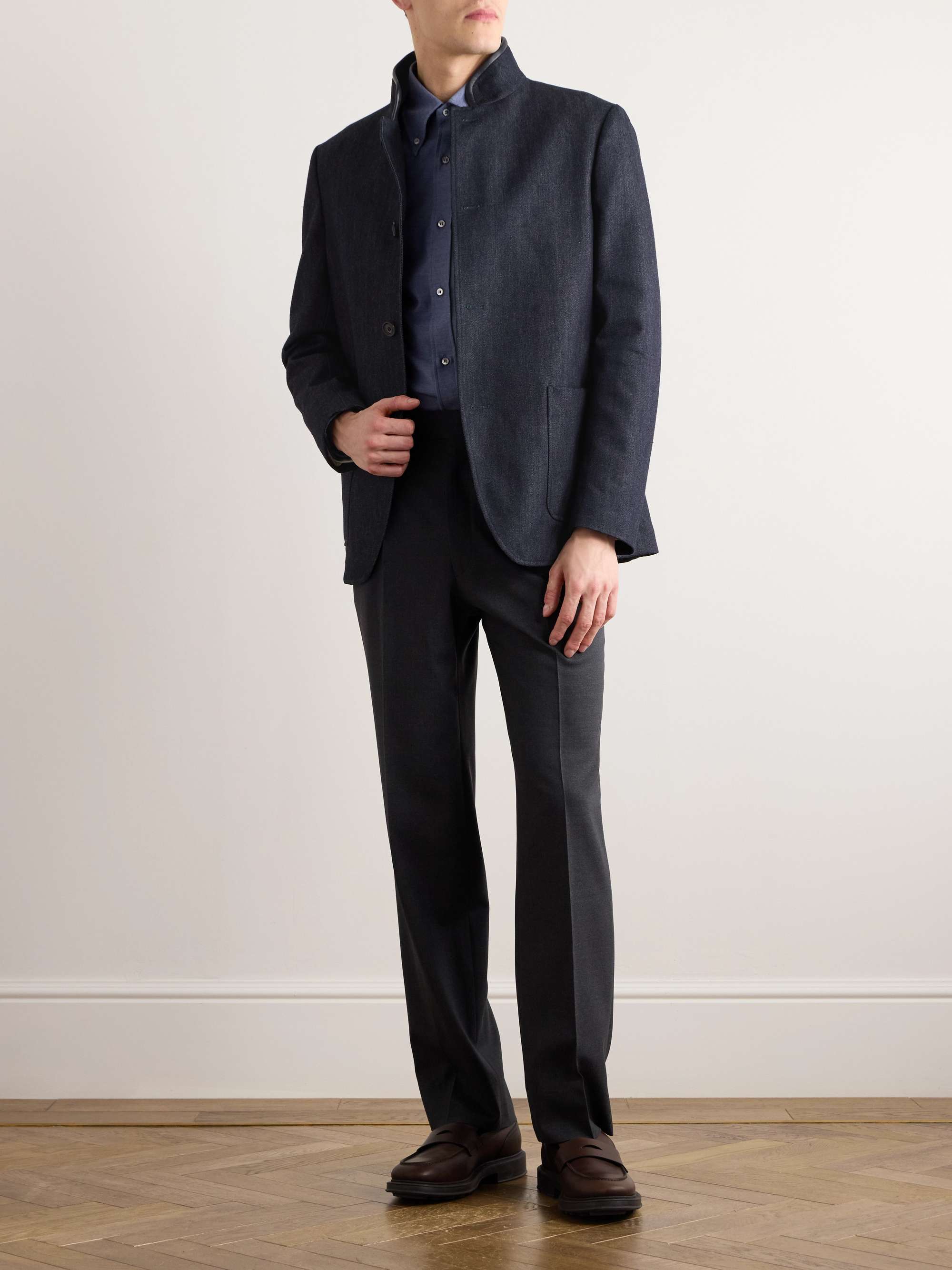 Spagna Leather-Trimmed Cotton and Cashmere-Blend Denim Jacket view