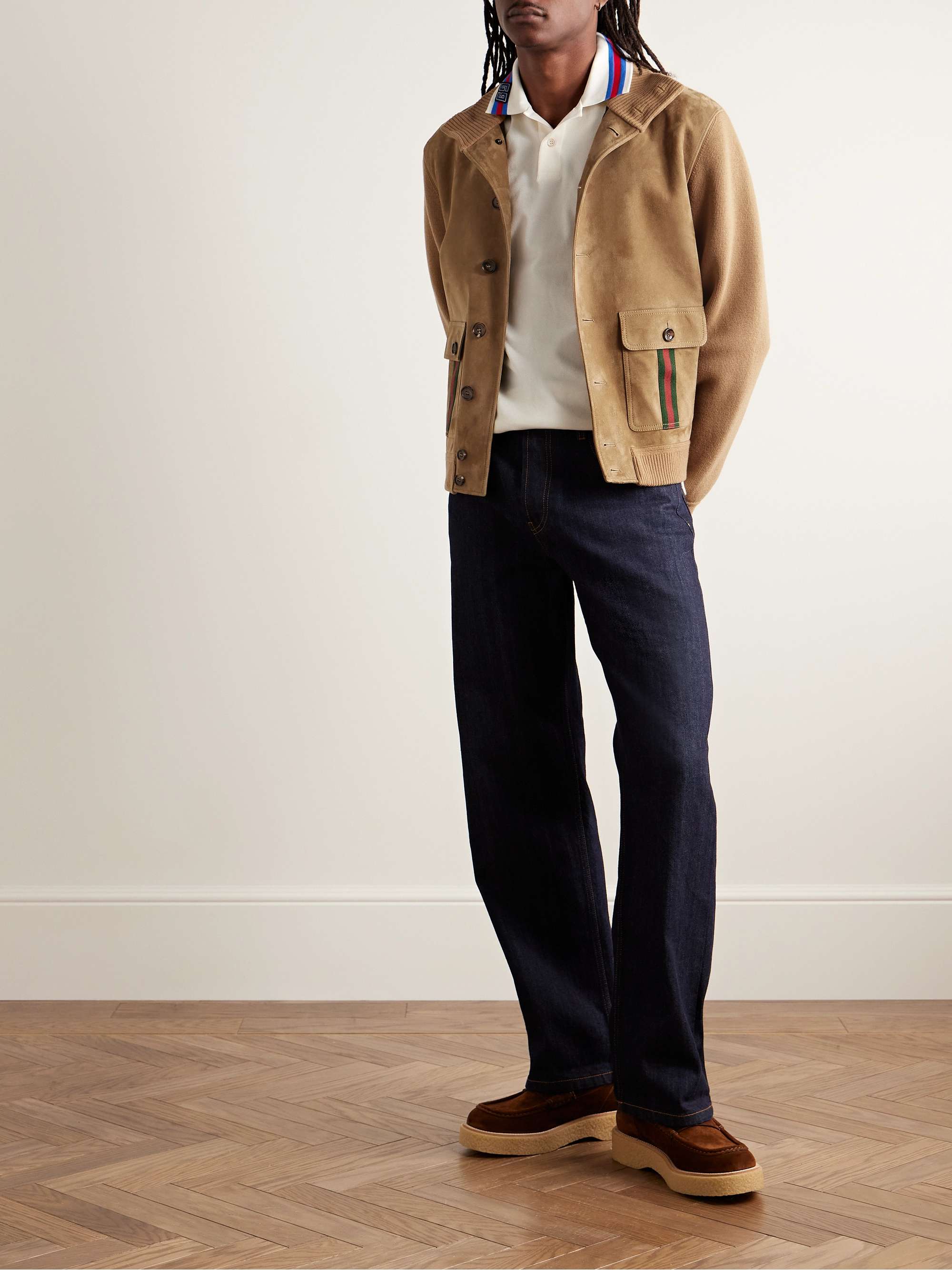 Webbing-Trimmed Suede and Wool Jacket view