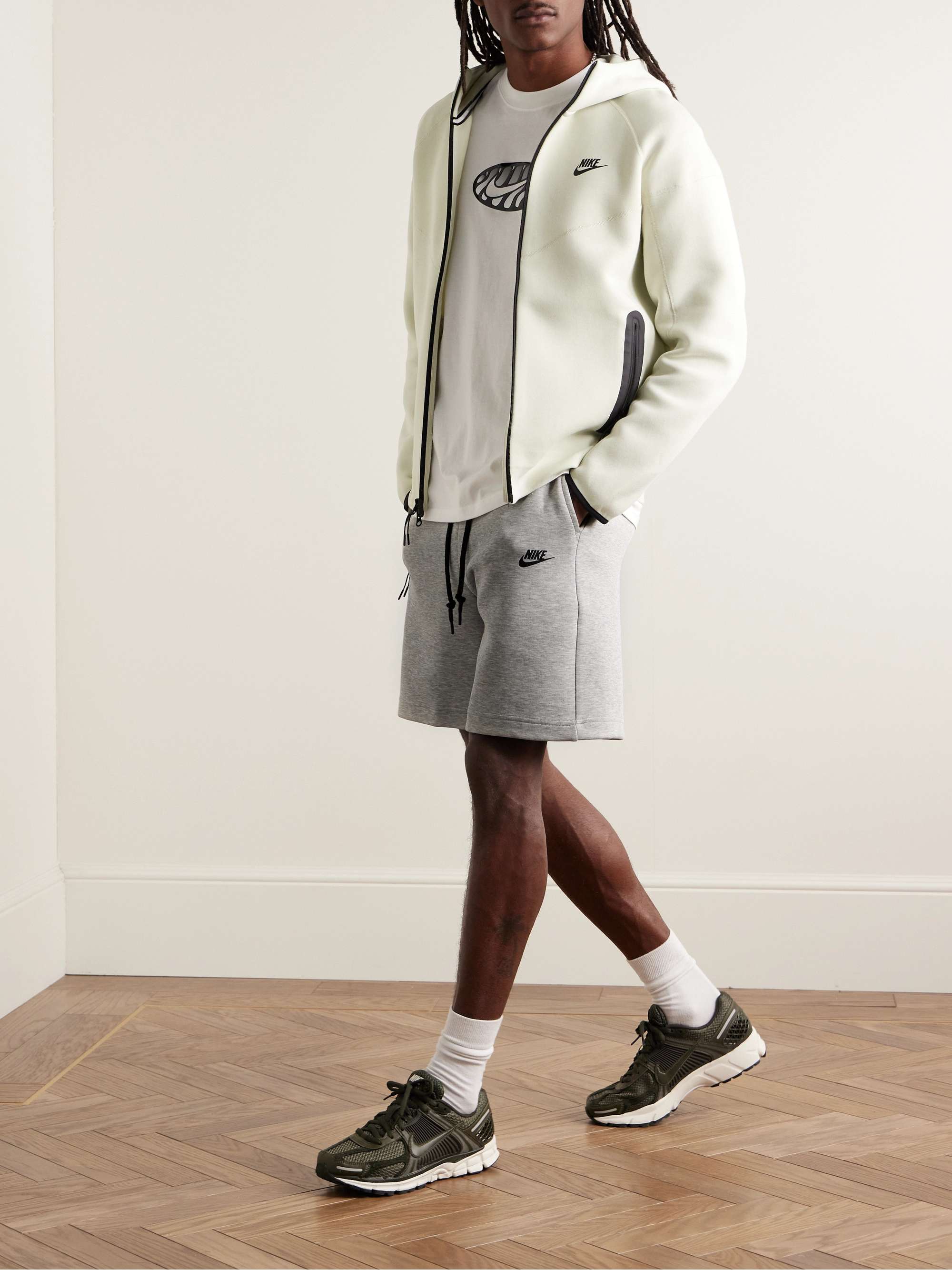 Straight-Leg Logo-Print Cotton-Blend Tech Fleece Drawstring Shorts view